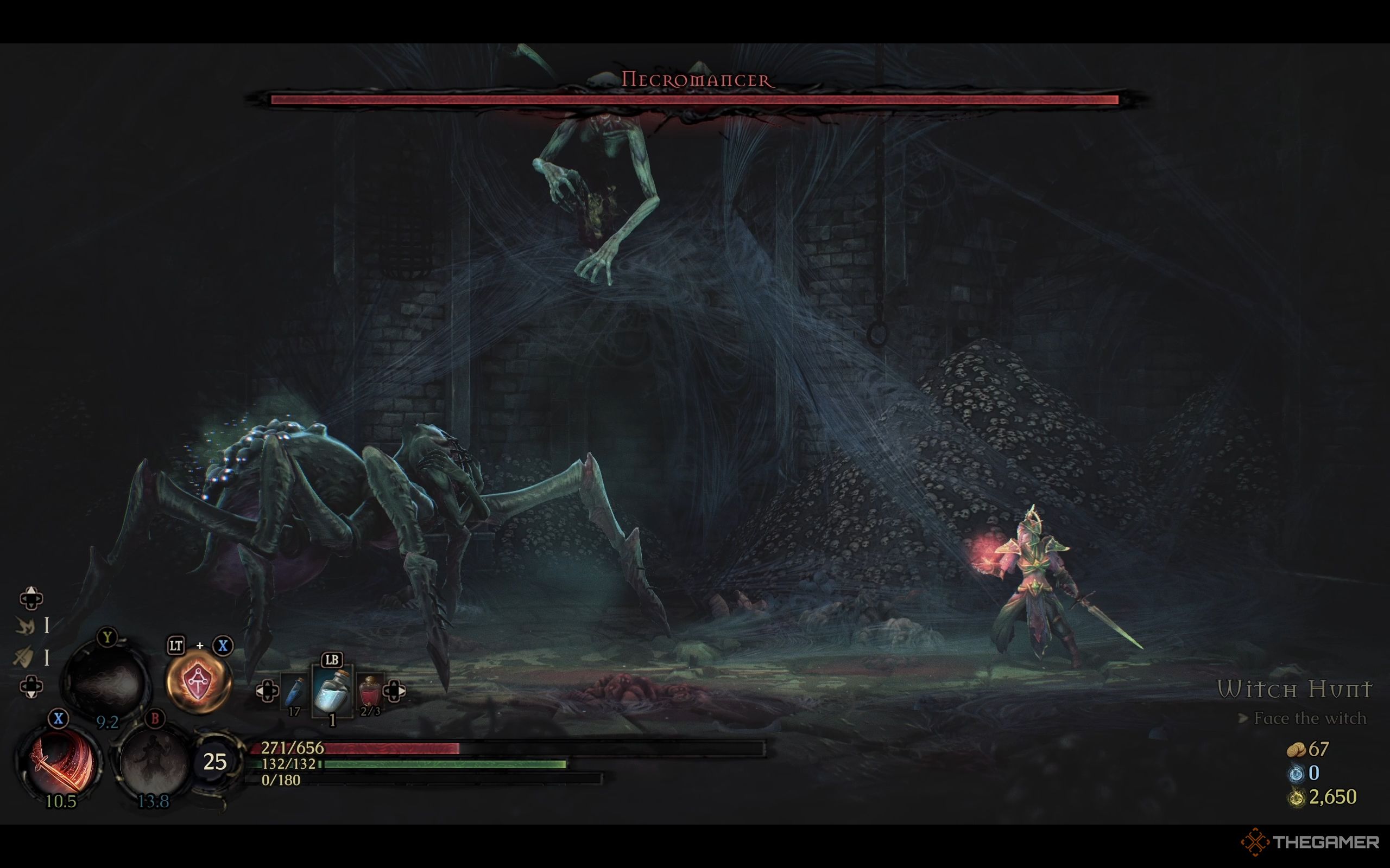 The necromant breaks into two, its upper body hangs on the ceiling, while the lower body crawls on the ground in the mandragora.