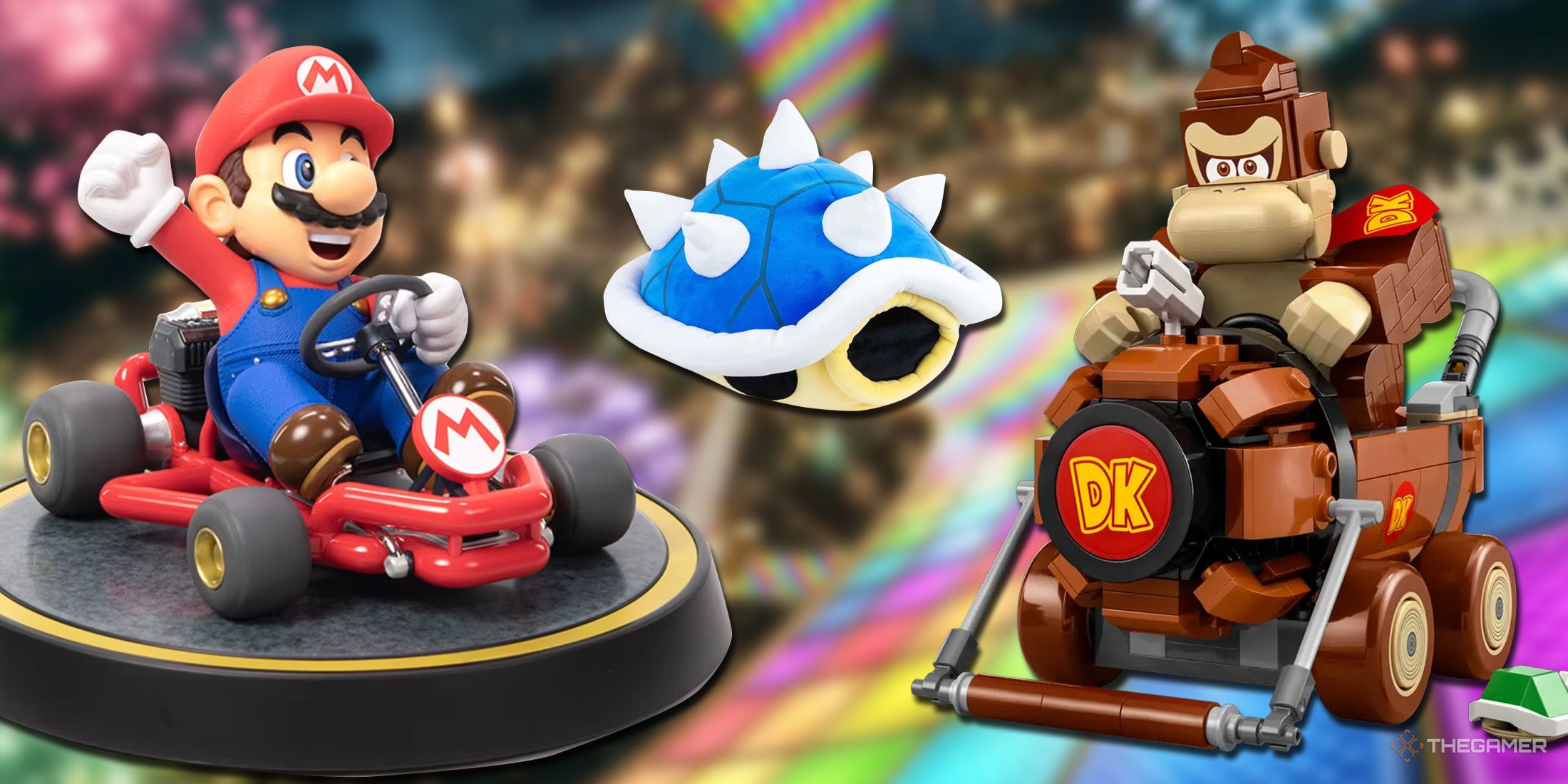 Mario Kart PVG Statue, Donkey Kong LEGO Figure and Super Spiny Shell plush in front of the blurred rainbow road background.