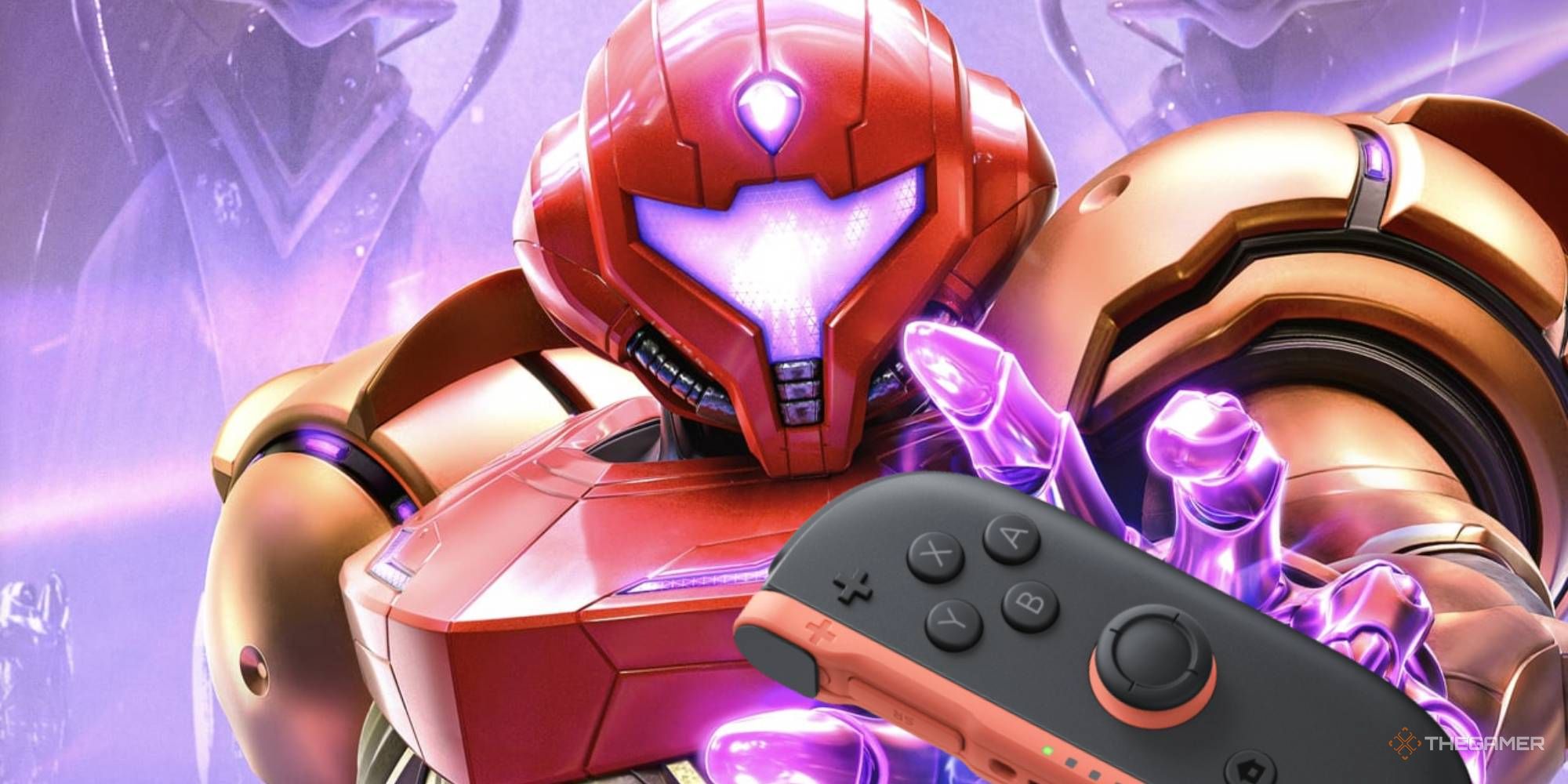 Samus holding a Switch 2 Joy-Con in Metroid Prime 4.