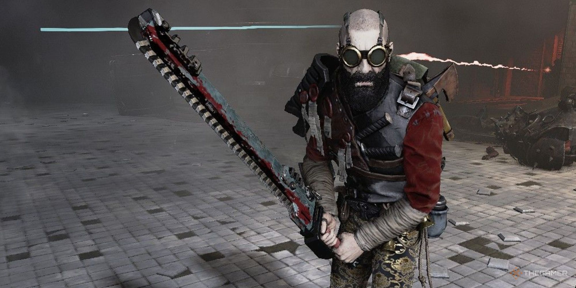 Warhammer 40,000: Darktide - Close up of a high level Zealot.