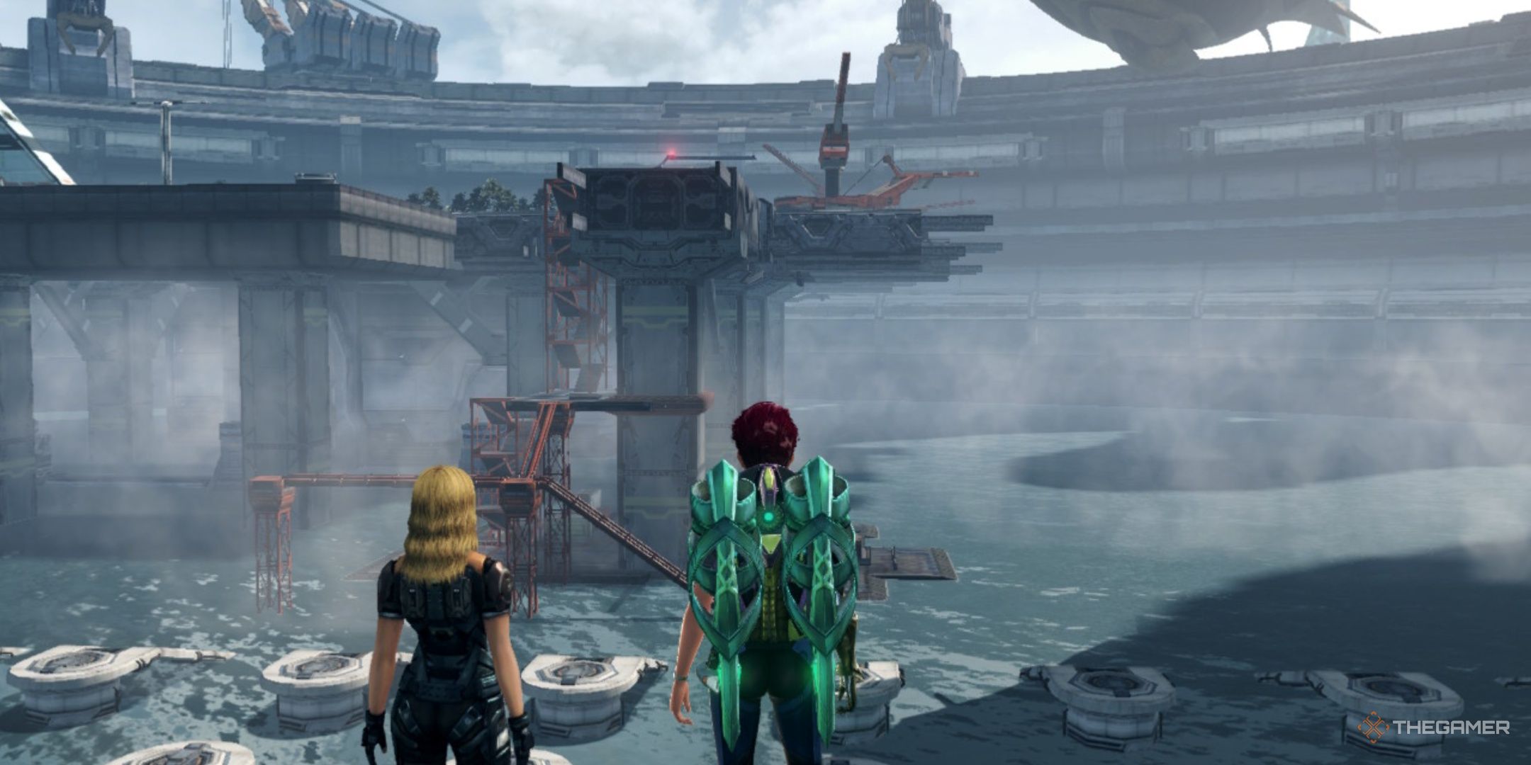 The player and Mika looking over the lower areas of NLA in Xenoblade Chronicles X Definitive Edition.