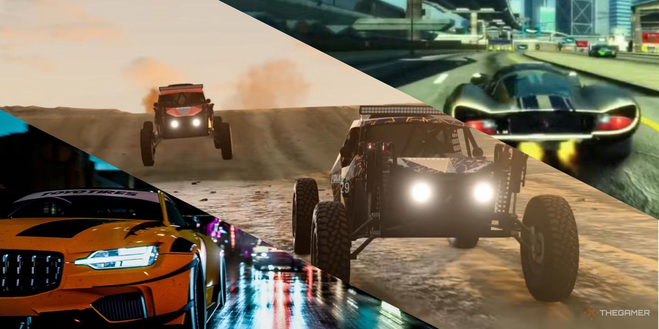 Cars in Need for Speed ​​heat at night, buggies racing across the desert in BeamNG, and a left-to-right racing car in Burnout Paradise.