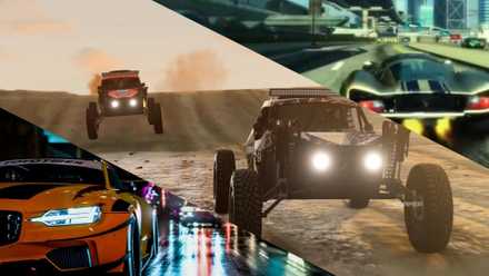 Cars in Need for Speed heat at night, buggies racing across the desert in BeamNG, and a left-to-right racing car in Burnout Paradise.