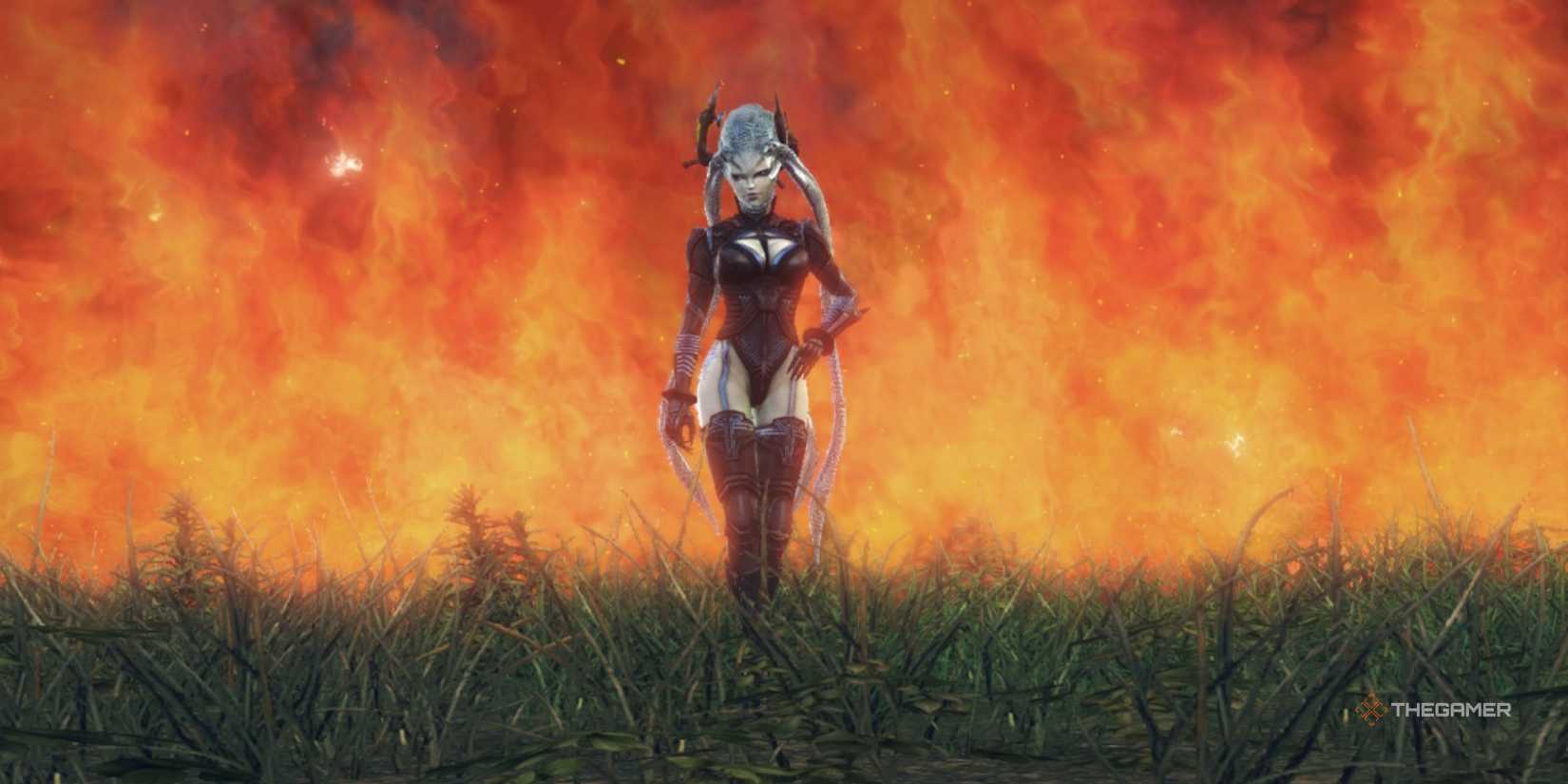 Goetia walking from flames in xenoblade chronicles x definitive edition.