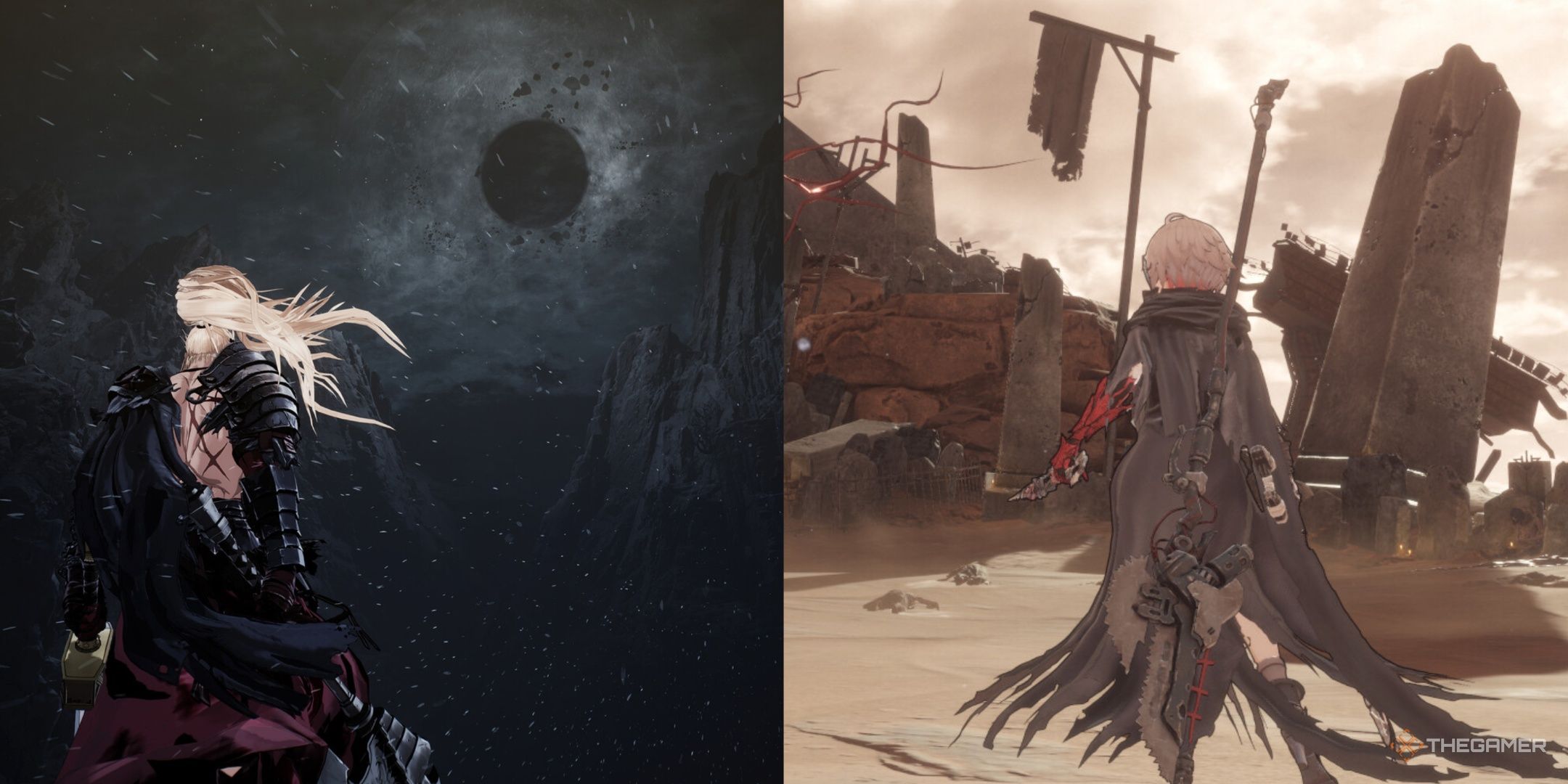 A collage showing both protagonists' backs, looking at something in the horizon.