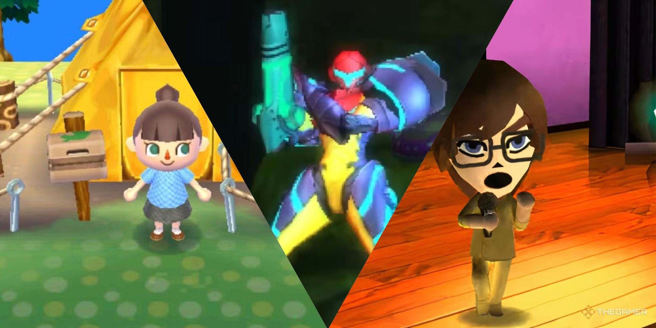 A villager in Animal crossing new leaf outside their tent, Samus in the gravity suit in Metroid Samus Returns, and a Mii singing in Tomodachi Life, left to right.