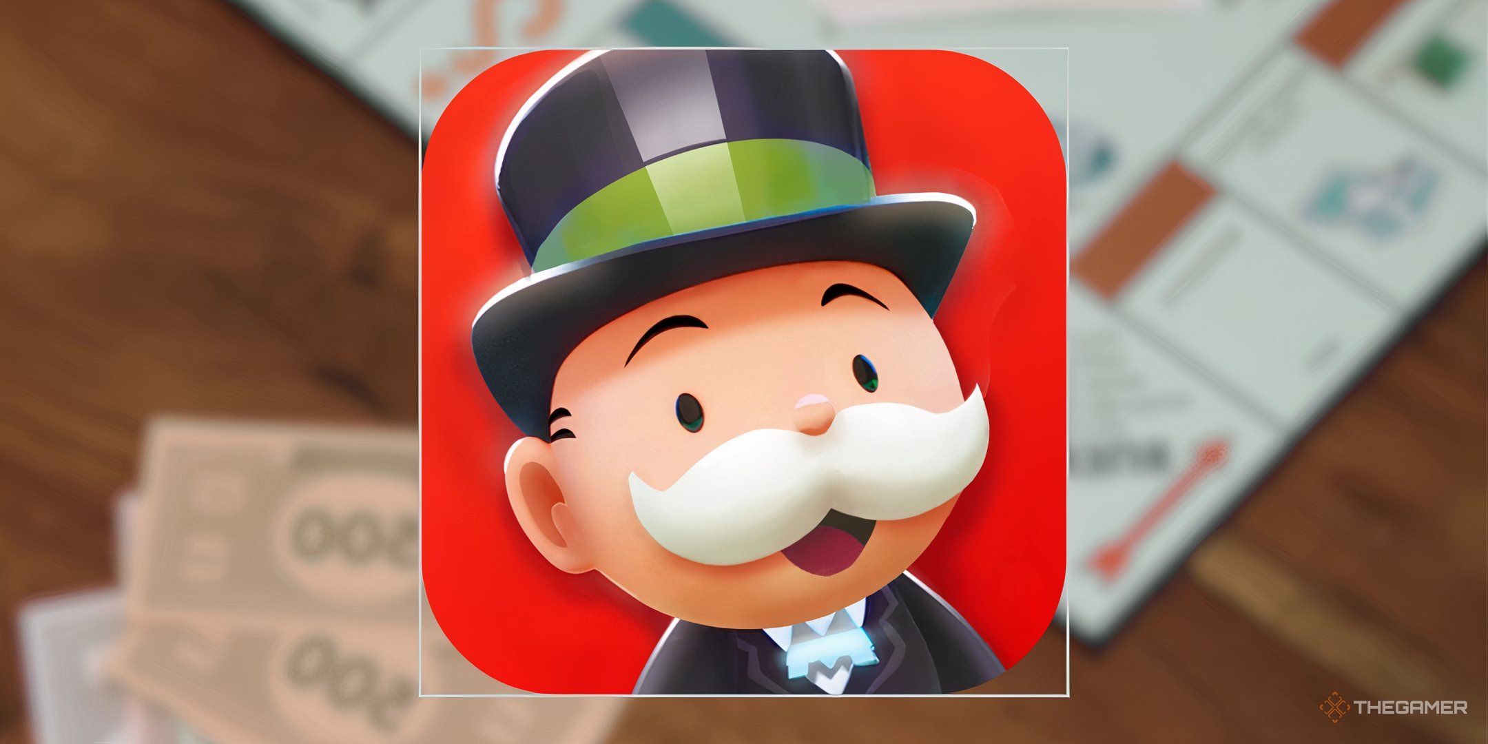Mr. Monopoly on the Monopoly Go icon in front of a backdrop of a Monopoly board and cash.