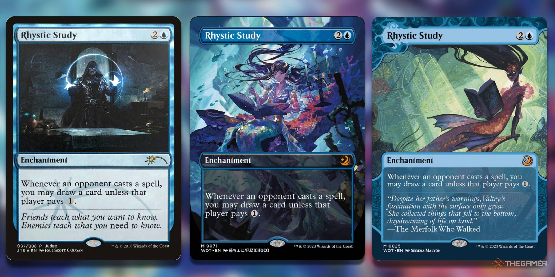 MTG Rhystic Study three cards side by side