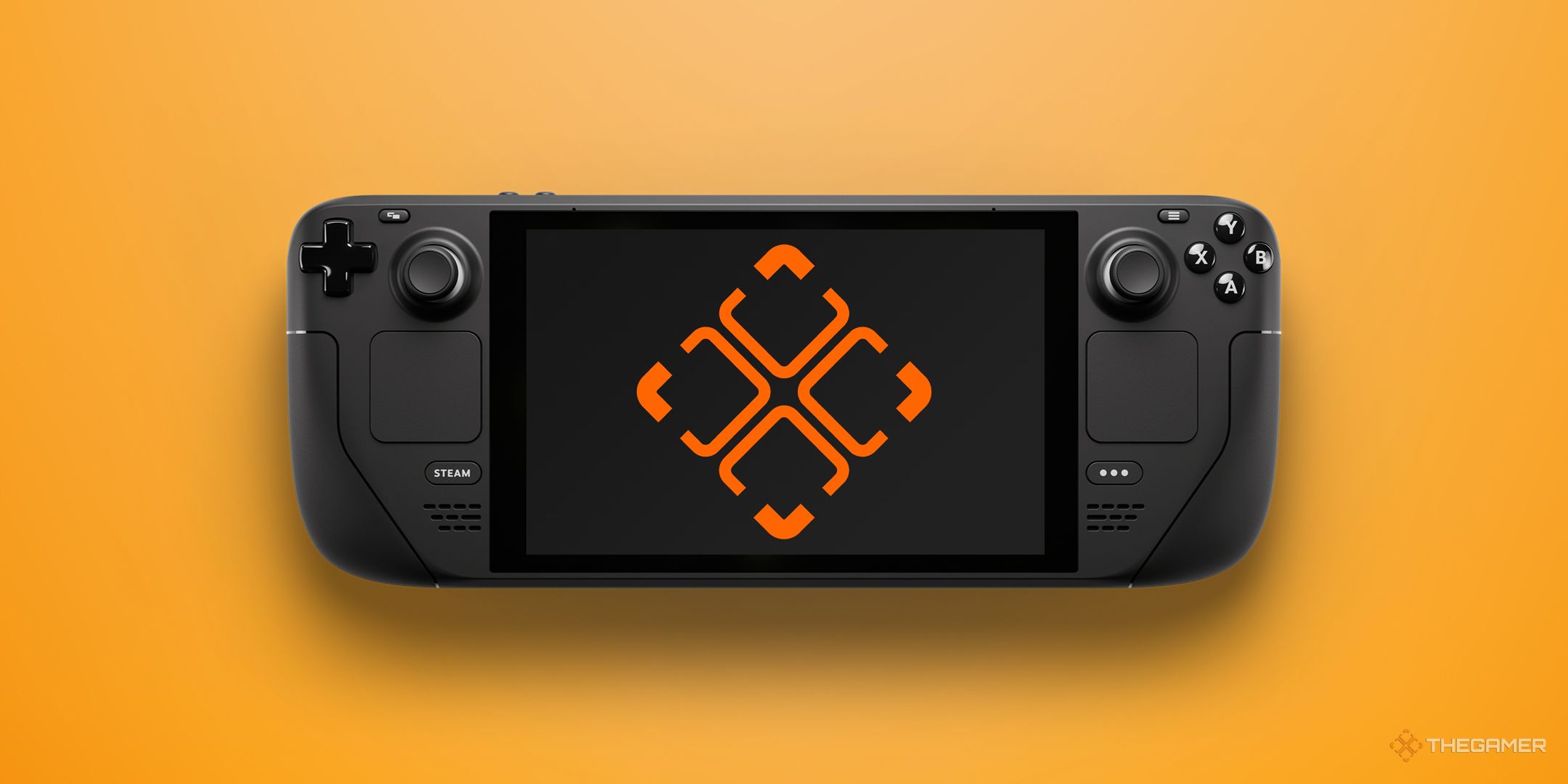 NEW Steam Deck with TheGamer logo on screen over an orange background.