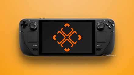 NEW Steam Deck with TheGamer logo on screen over an orange background.