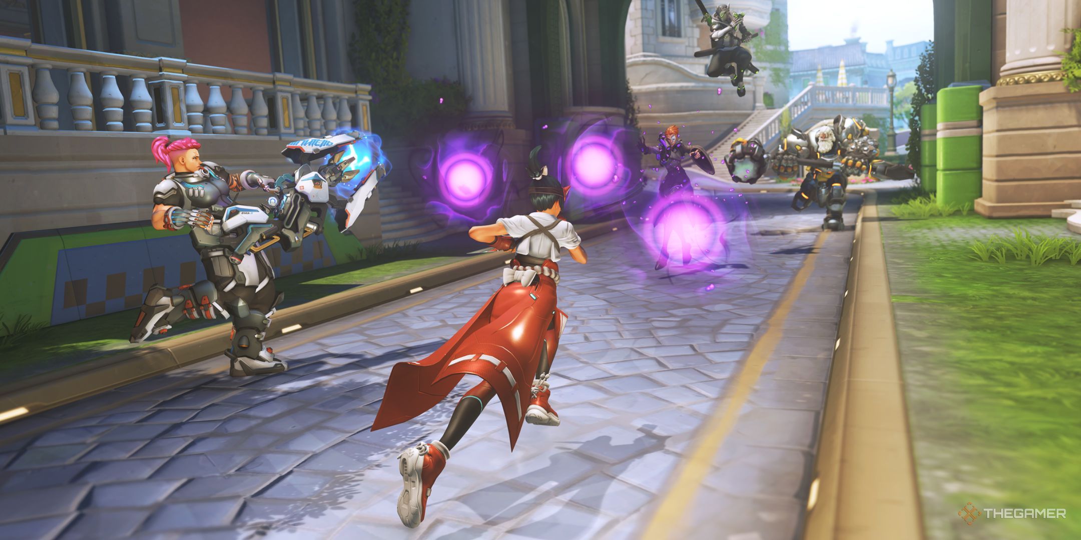 Five characters running towards a fight in Overwatch 2's Stadium mode