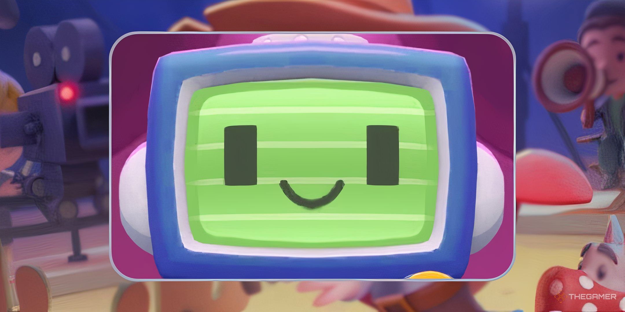 Peg-E Sticker Drop face framed in front of the Movie Night start screen in Monopoly Go.