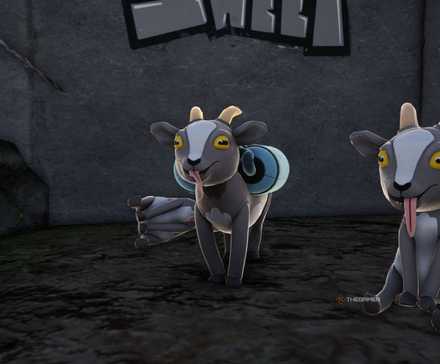 Plushie Pilgor wearing the Plushie Jetpack in Goat Simulator 3.