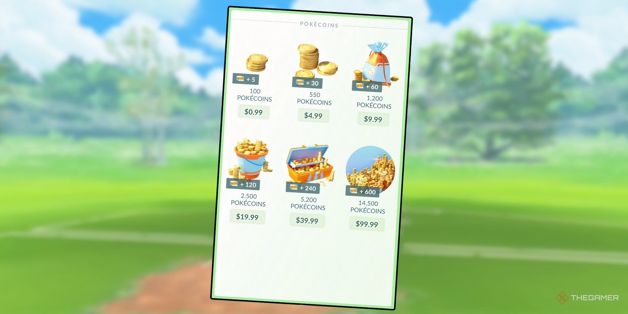 Rectangle with PokeCoins from the Pokemon Go shop with the Pokemon Go battlefield behind.