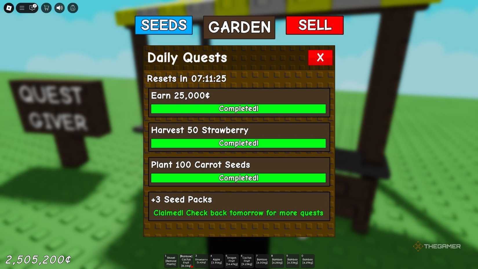 The player character shows the quests tab in Grow A Garden.