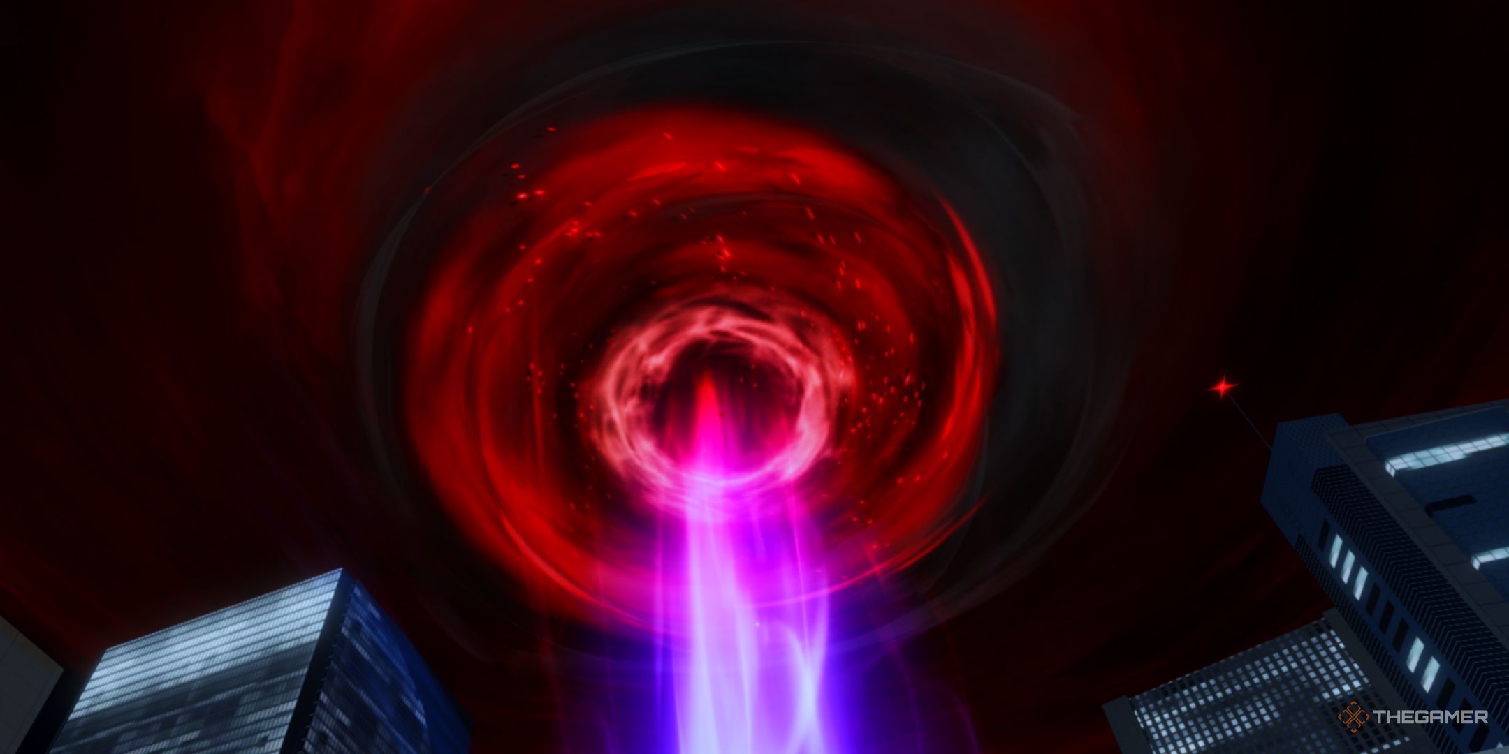 A Huge red portal in the sky above the main lobby in Hunters.