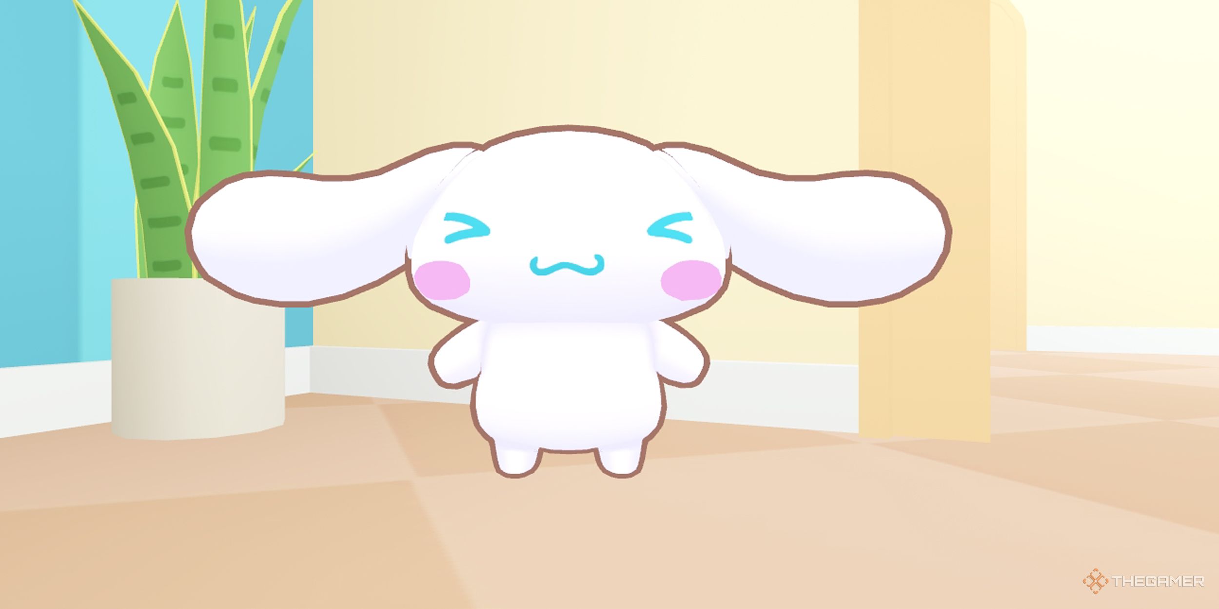 Roblox Cinnamoroll smiling happily in the cafe.