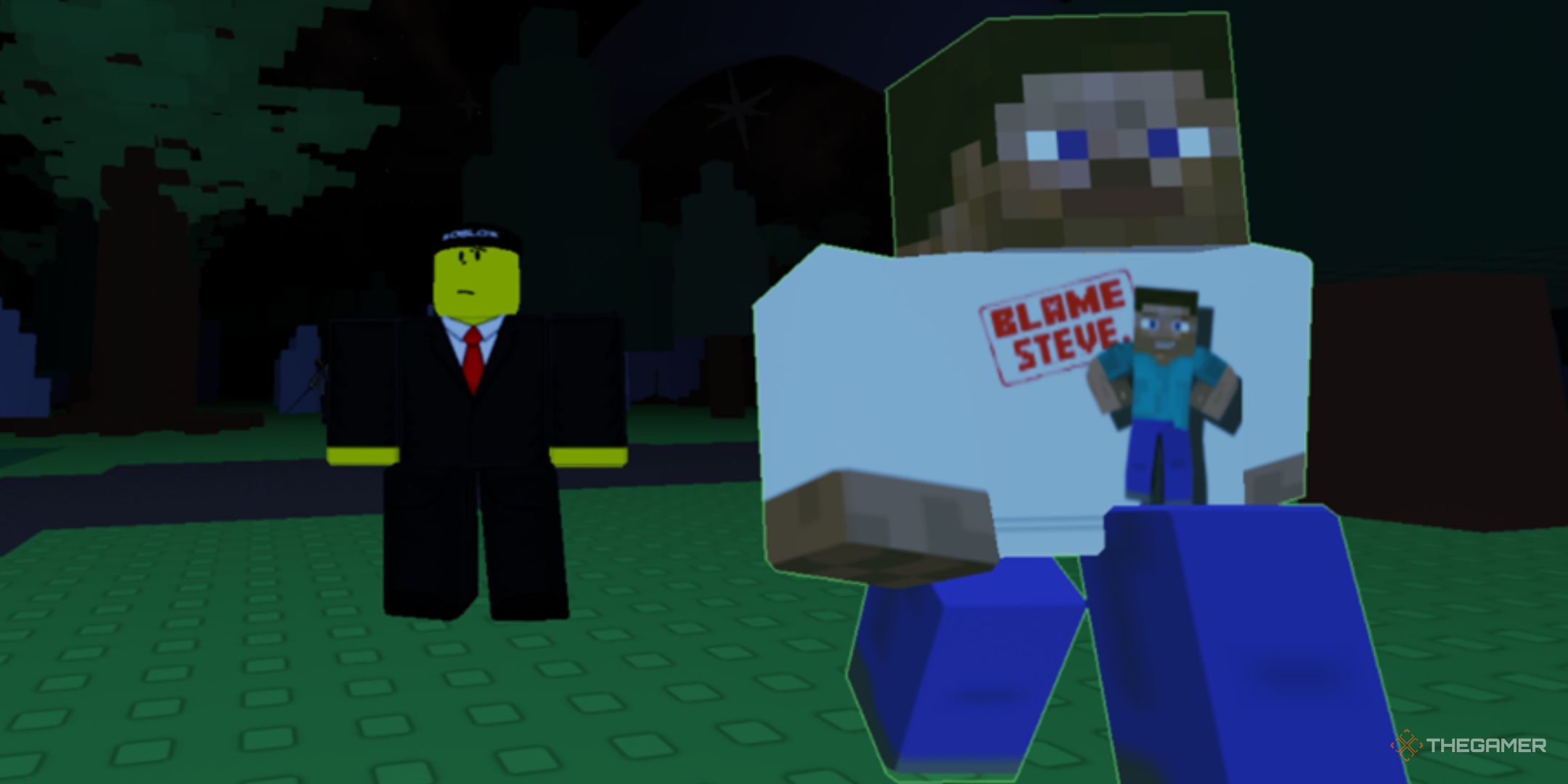 Roblox Forsaken – Shedelsky Elliot Skins, two characters walking in a forest.