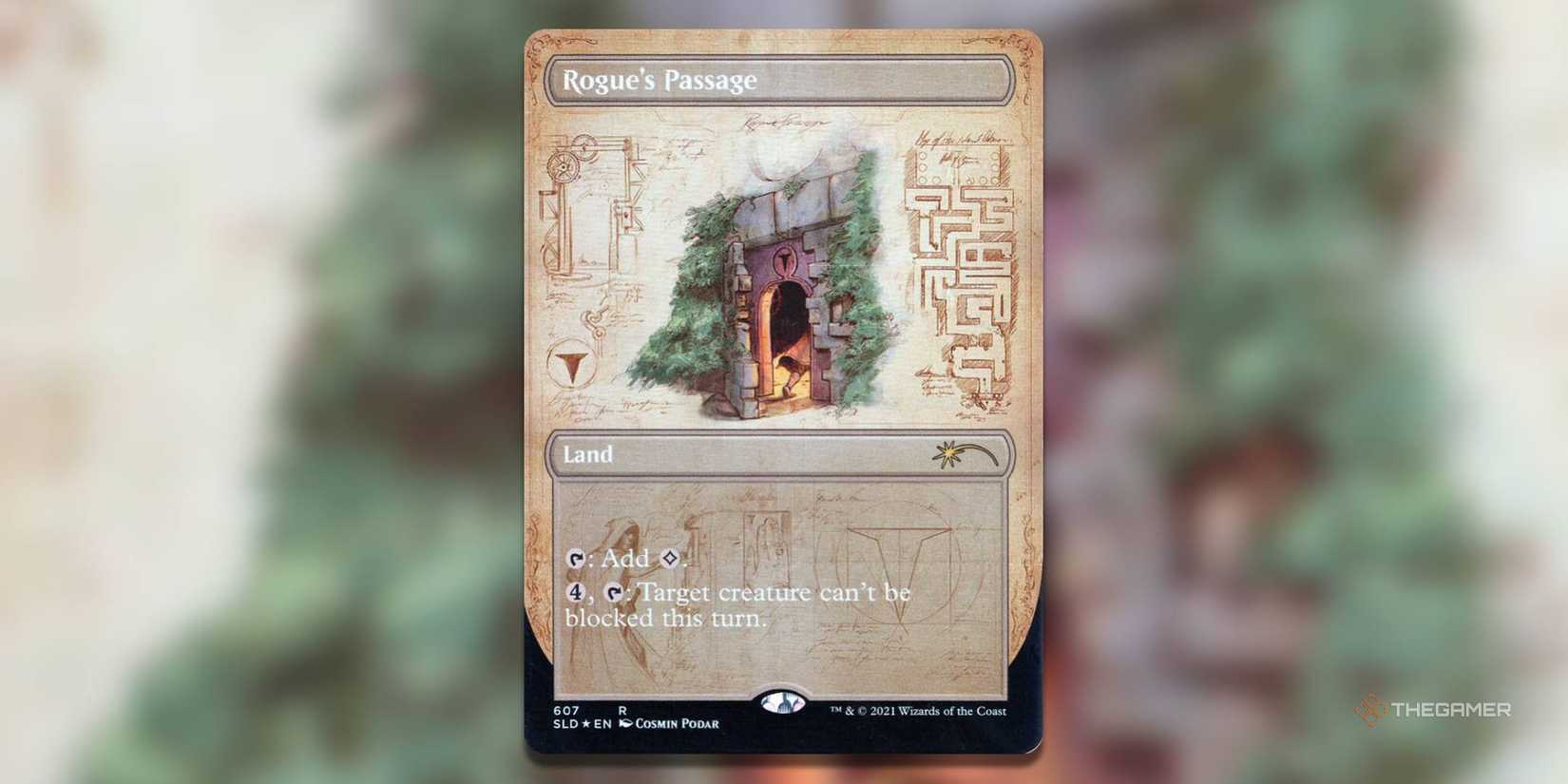 Rogues Passage card showing a brick archway surrounded by greenery on a blue print background.