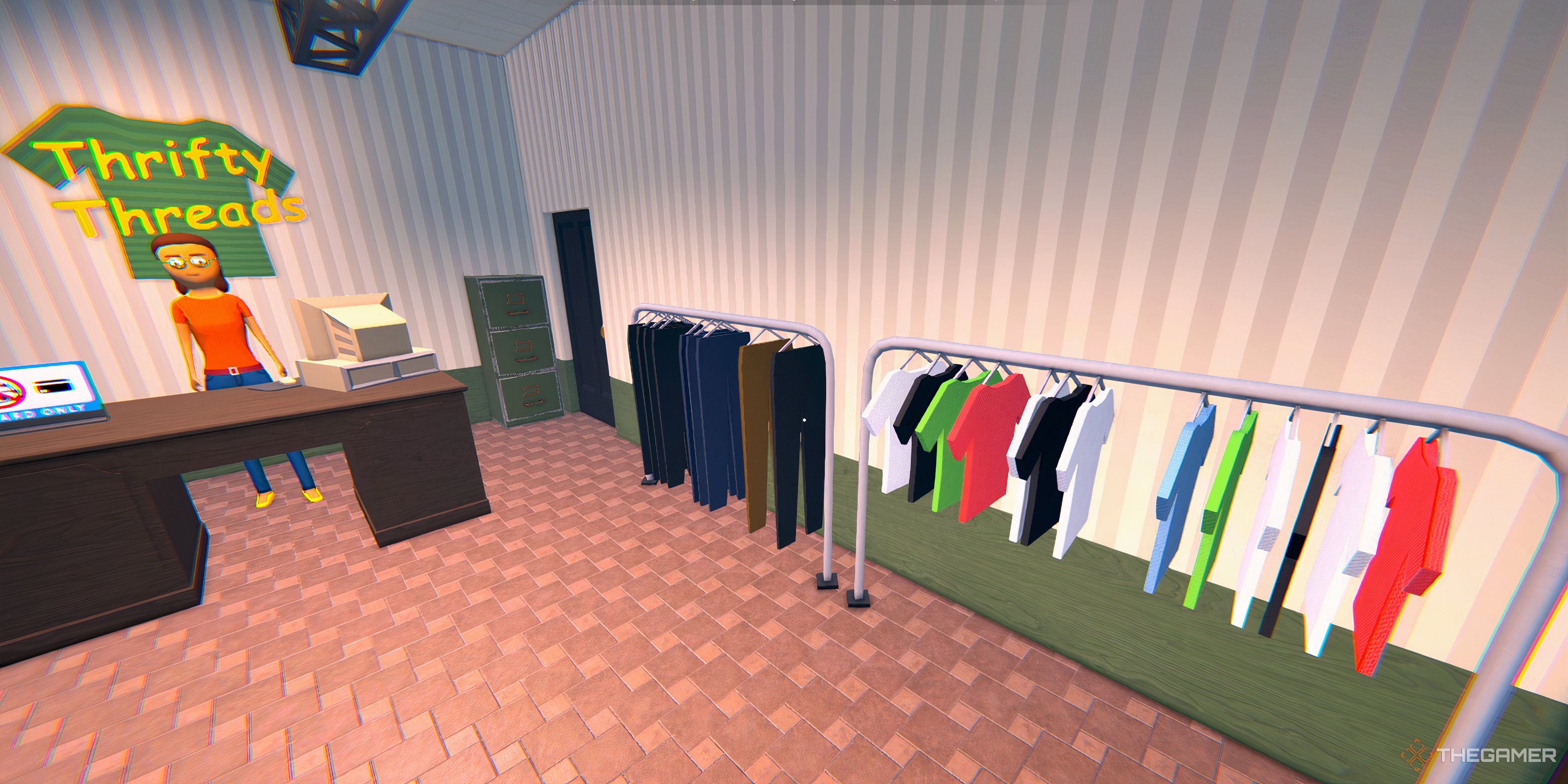 Player looking at clothes on a rack with an NPC on the left looking at the player. She is behind a desk. 