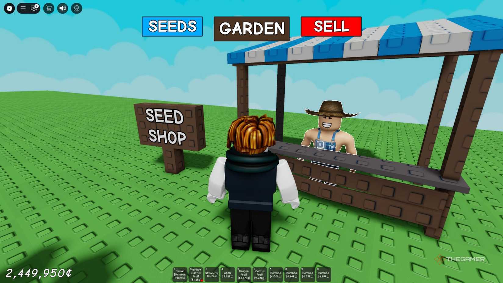 The player character stays AFK next to the seed store in Grow A Garden.