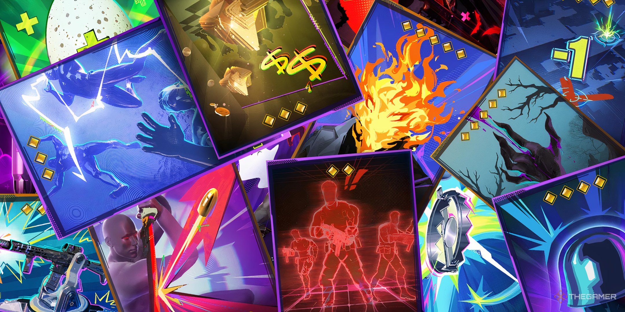 A collage of different FragPunk Shard Cards, piled together.