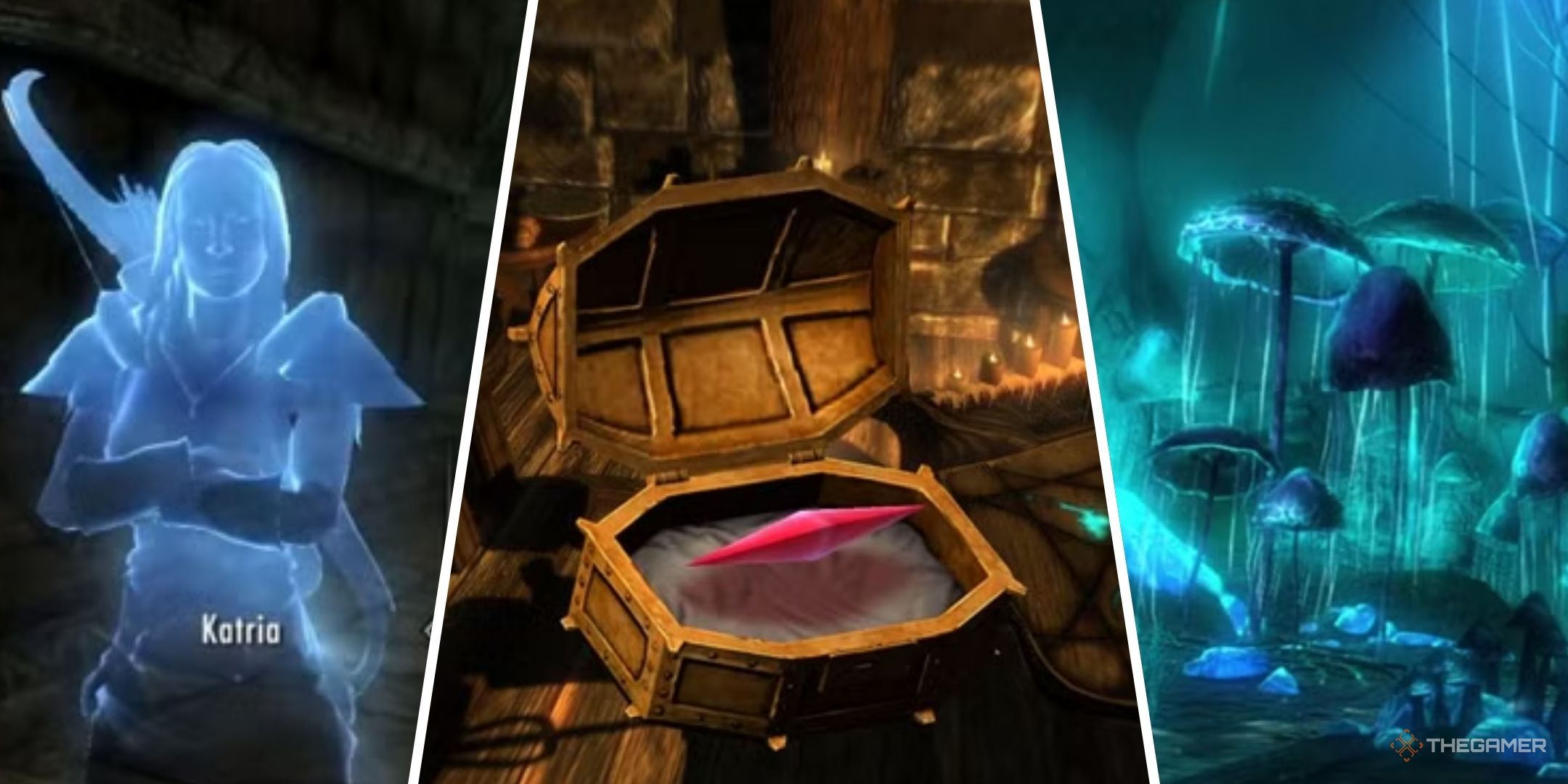 Split images of a ghostly woman, an open chest, and glowing mushrooms in Skyrim.