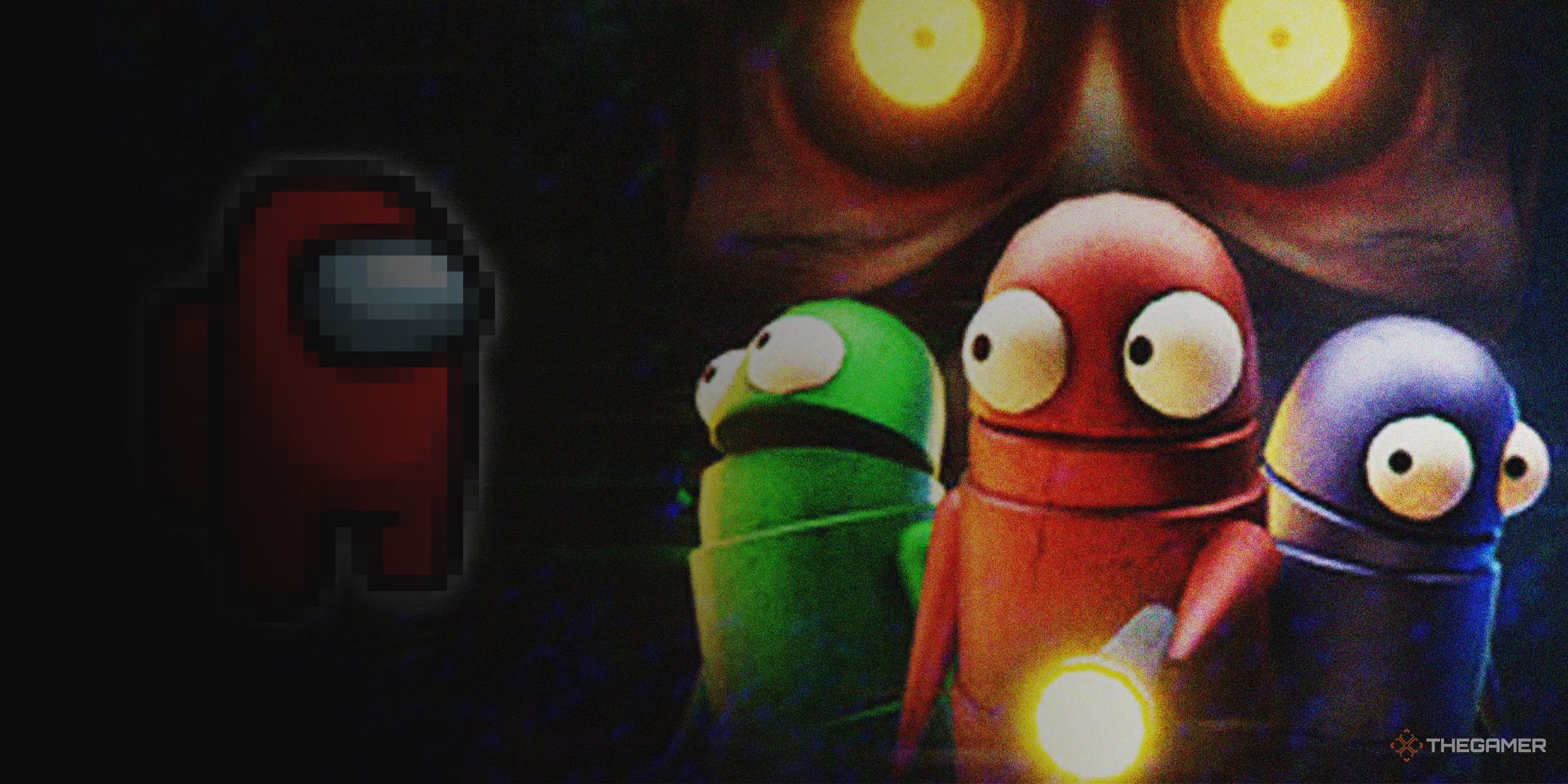 Repo Semibots looking at an Among Us character in the dark