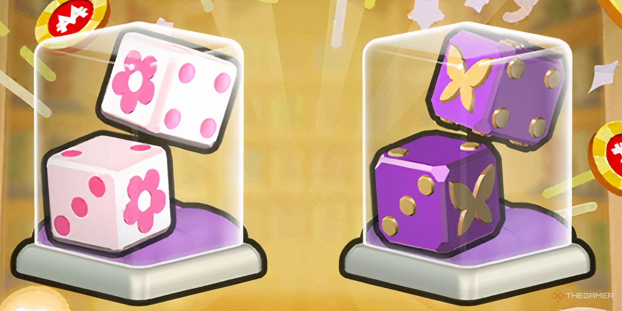 The Blossom and purple butterfly dice skins from the Peg-E Dice Drop event in Monopoly Go.