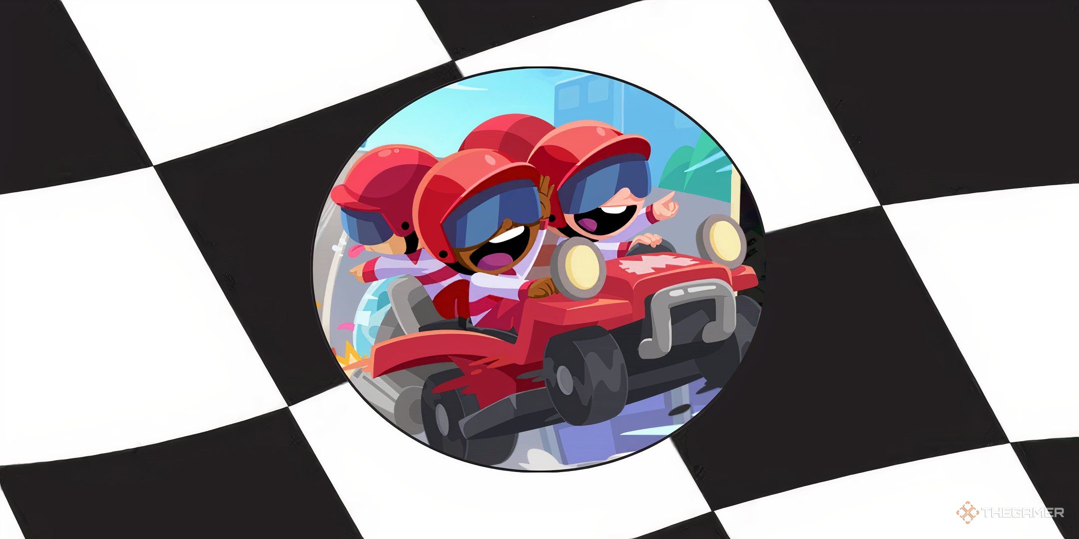 The red team in City Racers in Monopoly Go racing against a checkered flag background.