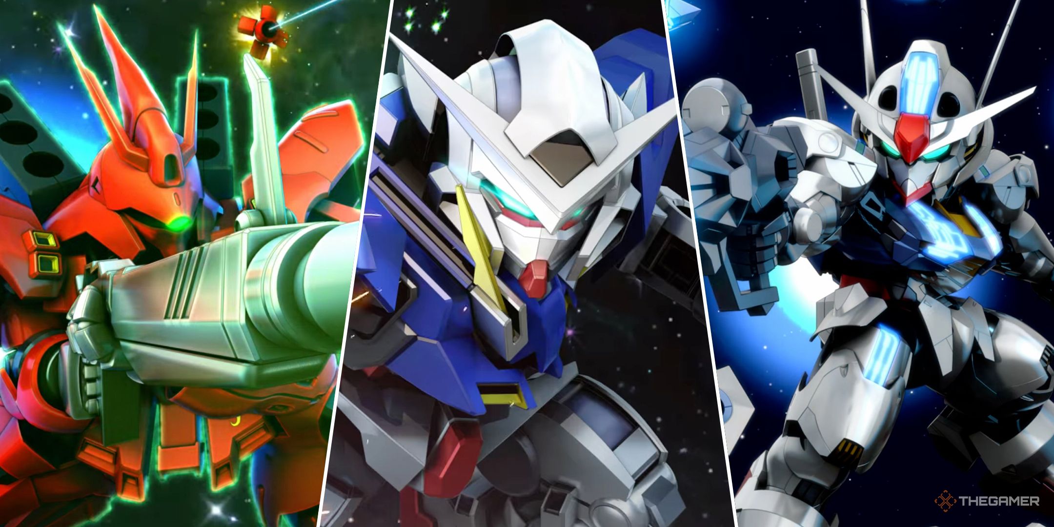 Sazabi, Gundam Exia, and Aerial Gundam in a split image from SD Gundam G Generation Eternal