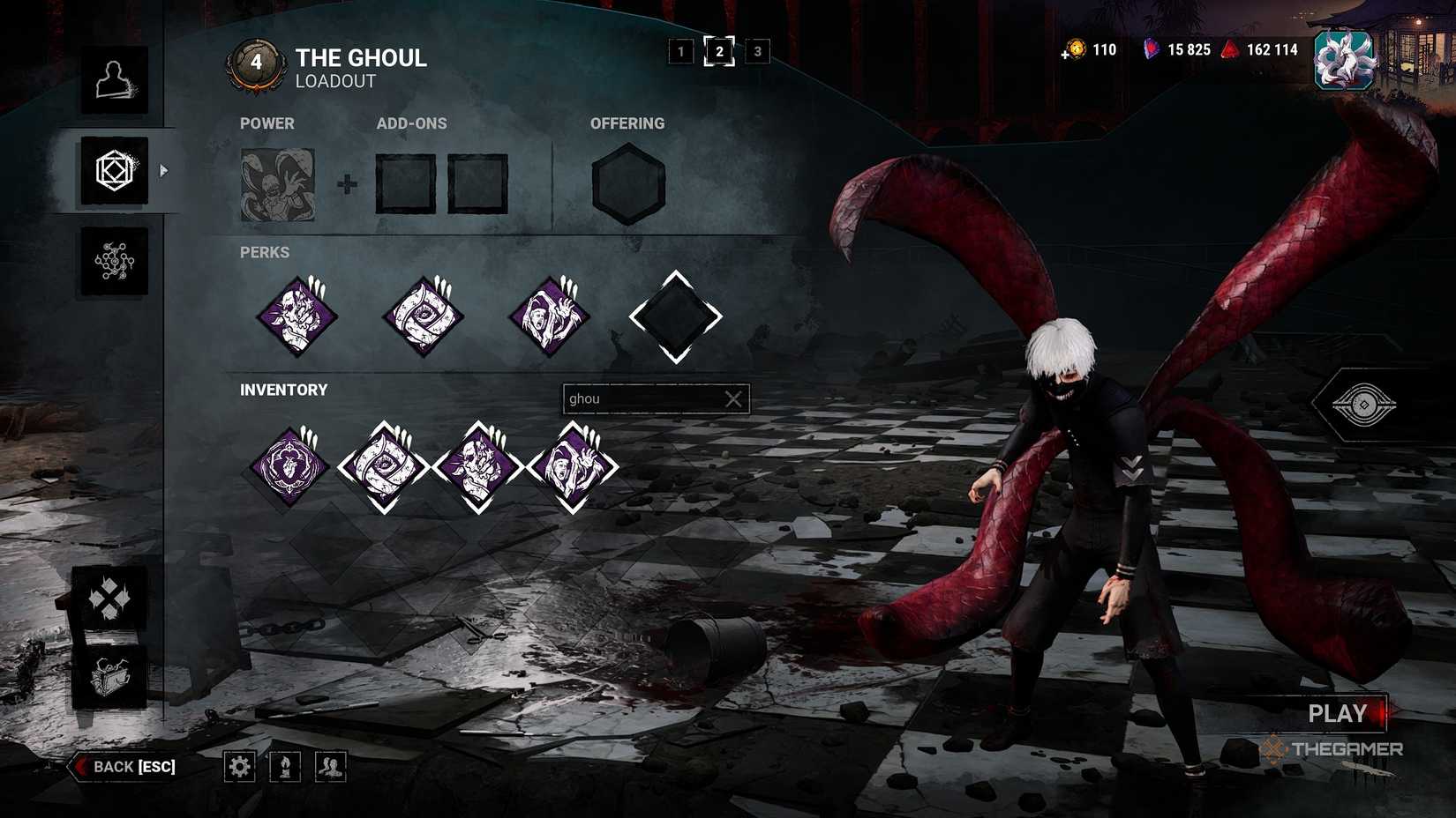 The loadout menu displaying the unique perks of The Ghoul in Dead by Daylight.