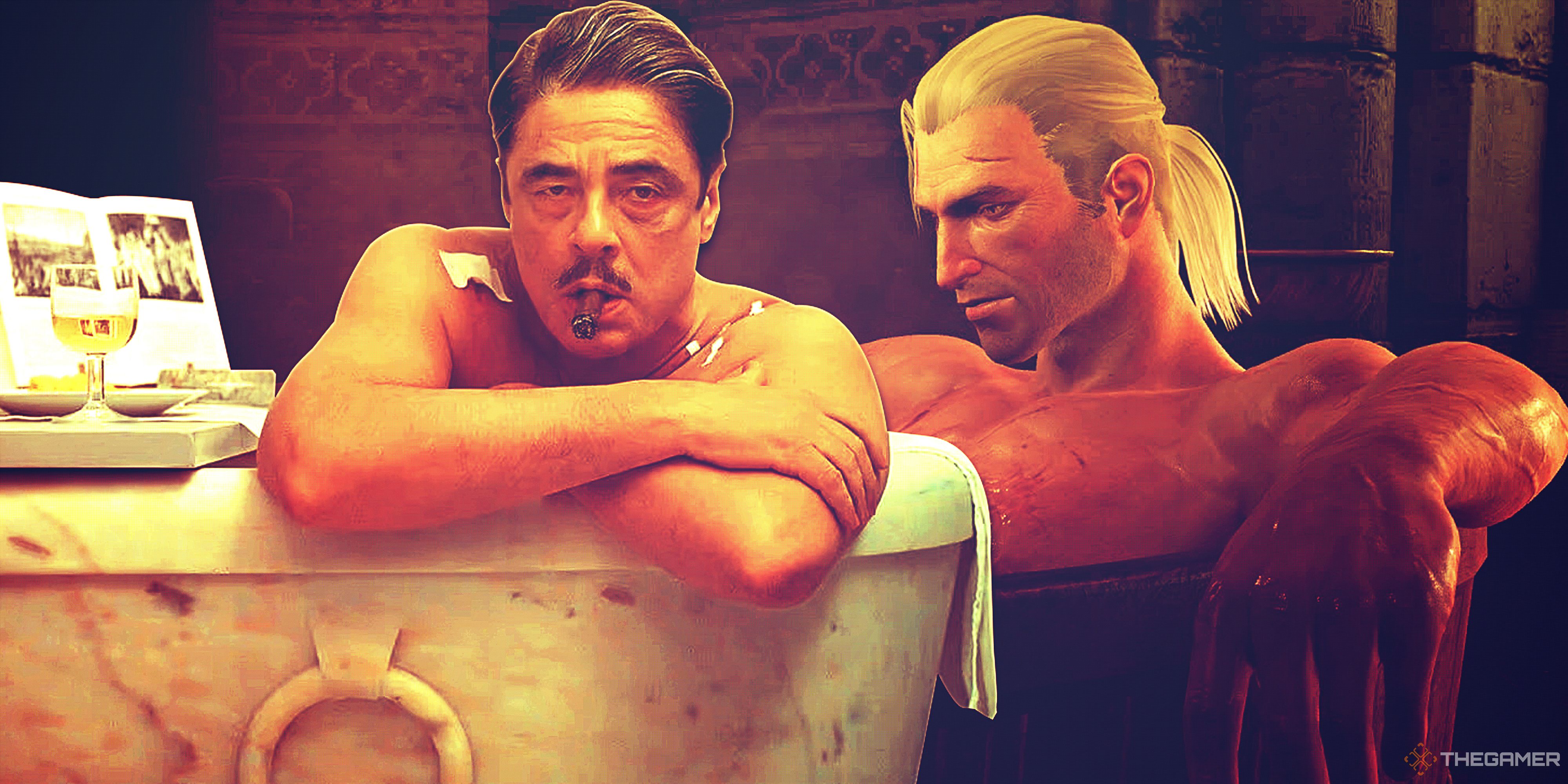 Benio del Toro as Zsa-Zsa Korda in the bath and Geralt Rivia in the bathtub.