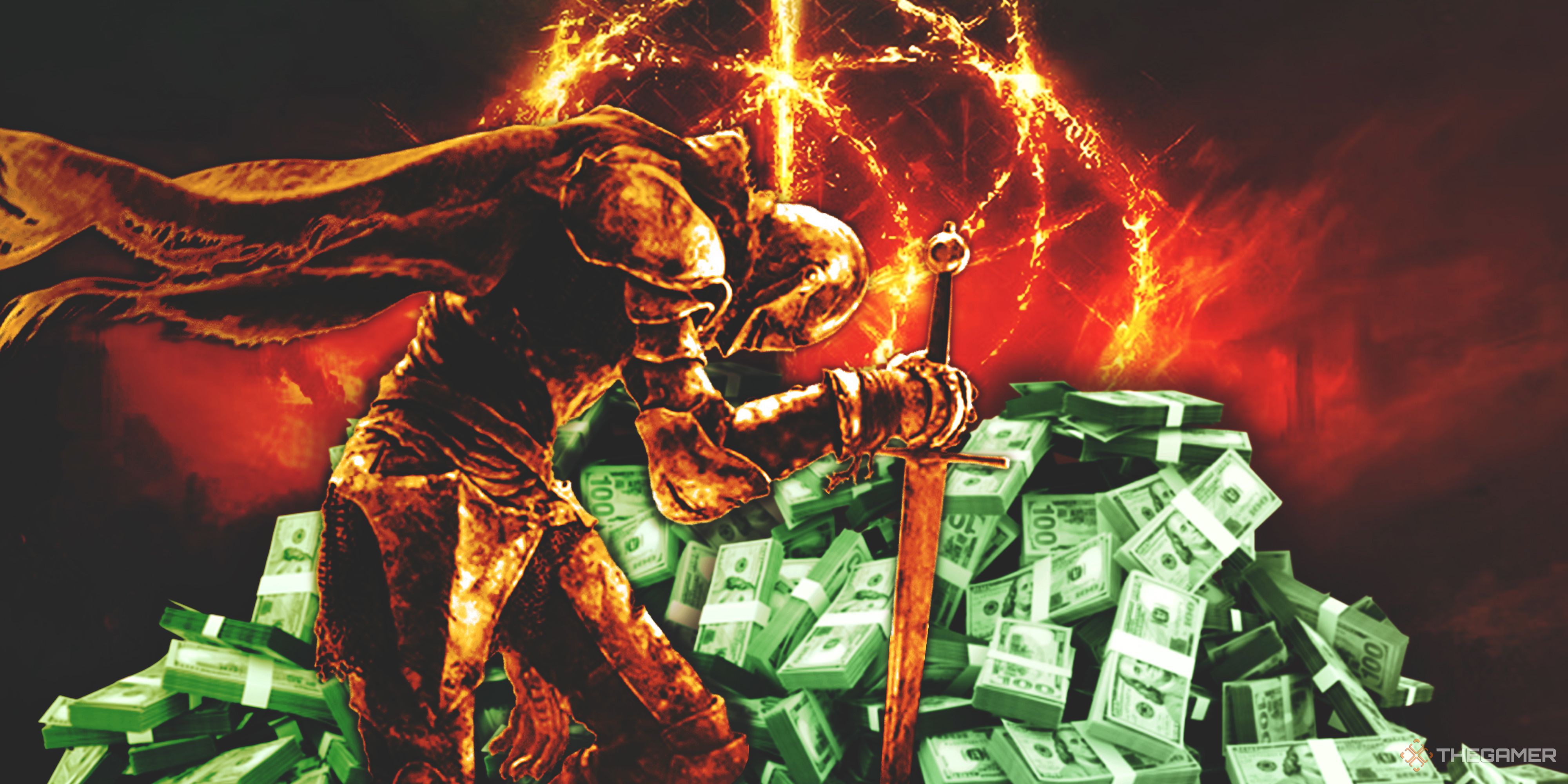 Tarnished by Alden Reagan laying his sword on the ground with a pile of cash in the background.