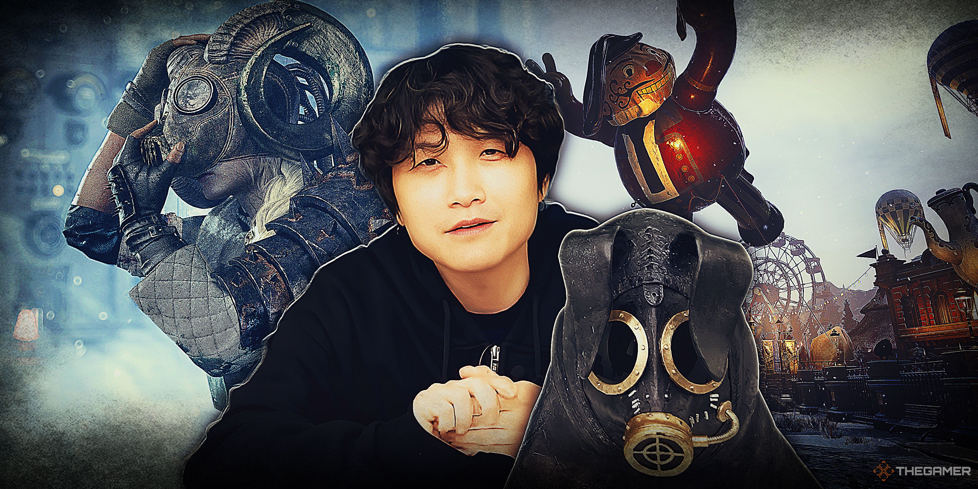 A collage showing characters from Lies of P Overture in the background and director Choi Ji-Won at the front.