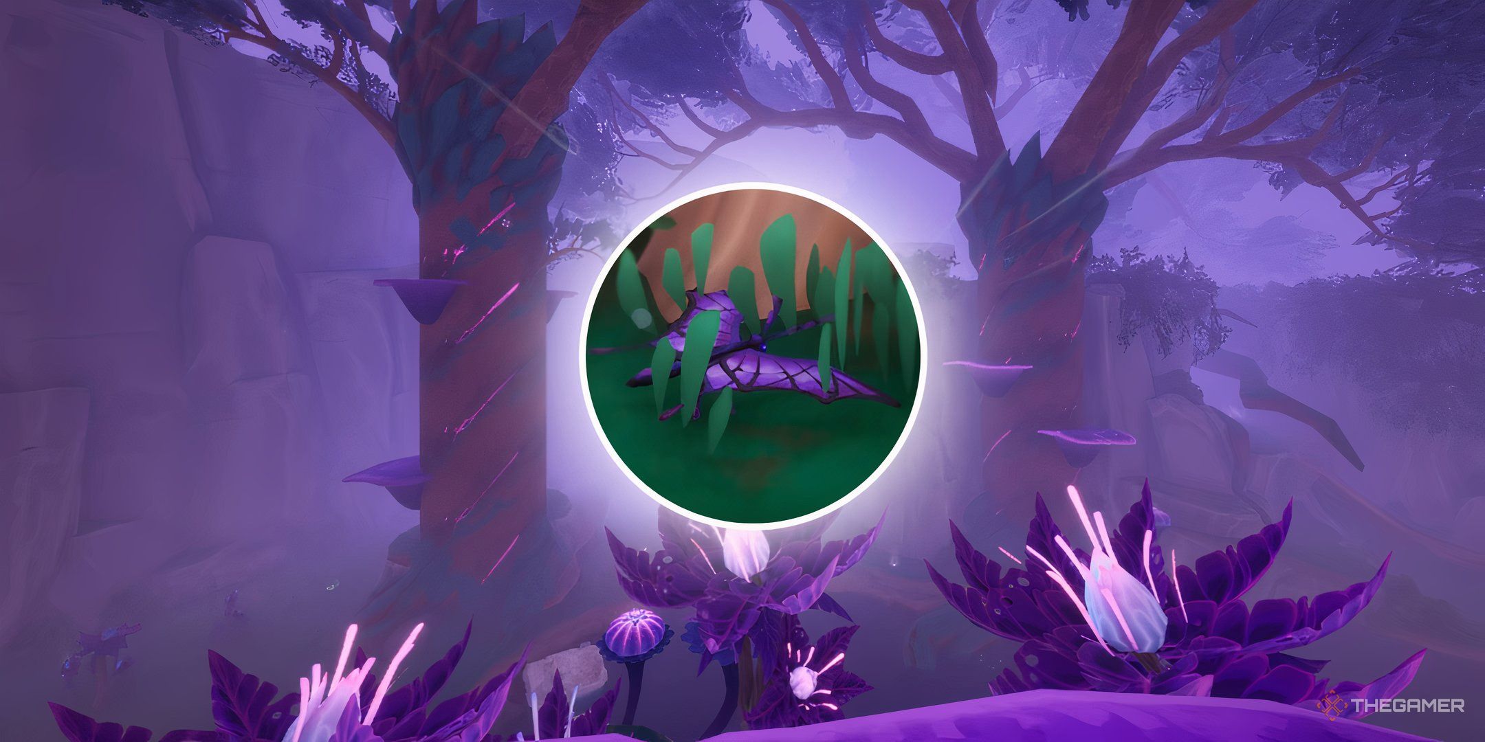 A Nightshadow Batterfly In Palia In The Center With The Deep Woods Behind It.