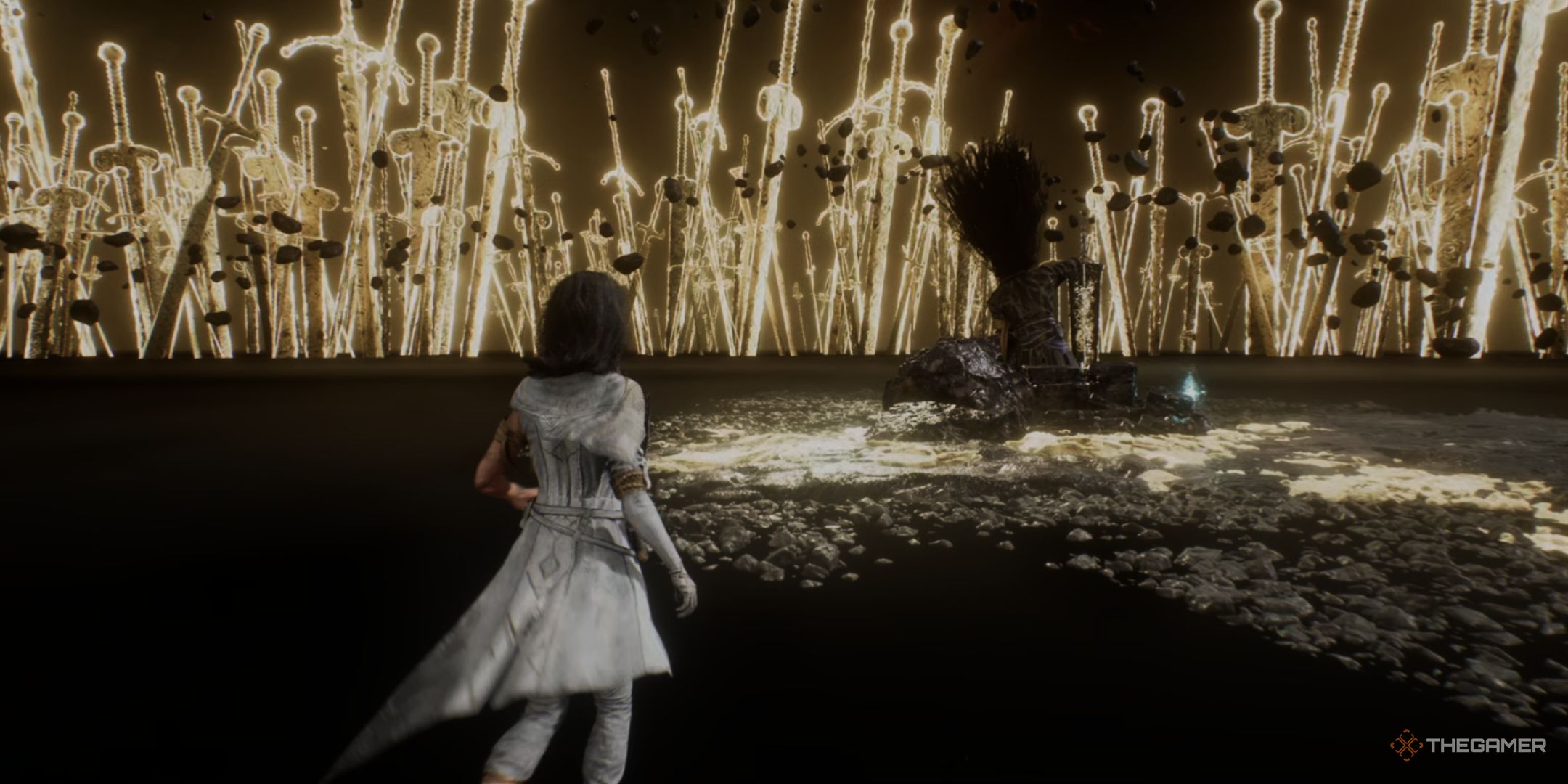 Lune approaches Simon in his prison of glowing swords in the Abyss below Renoir's Drafts in Clair Obscur: Expedition 33.