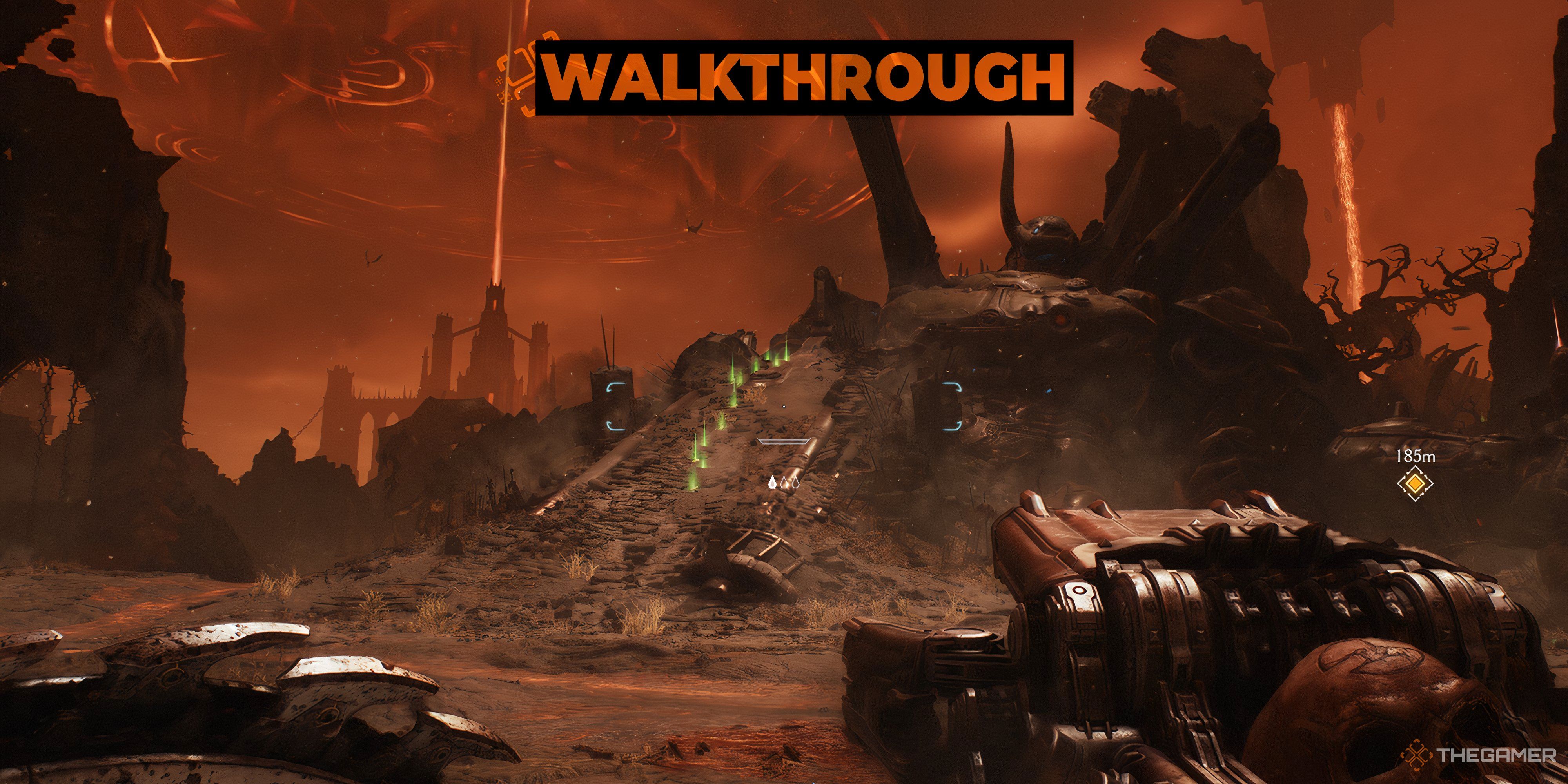 Doom Slayer looing at an Atlan that is buried in the ground in DOOM: The Dark Ages. There are armor pick ups beside it.