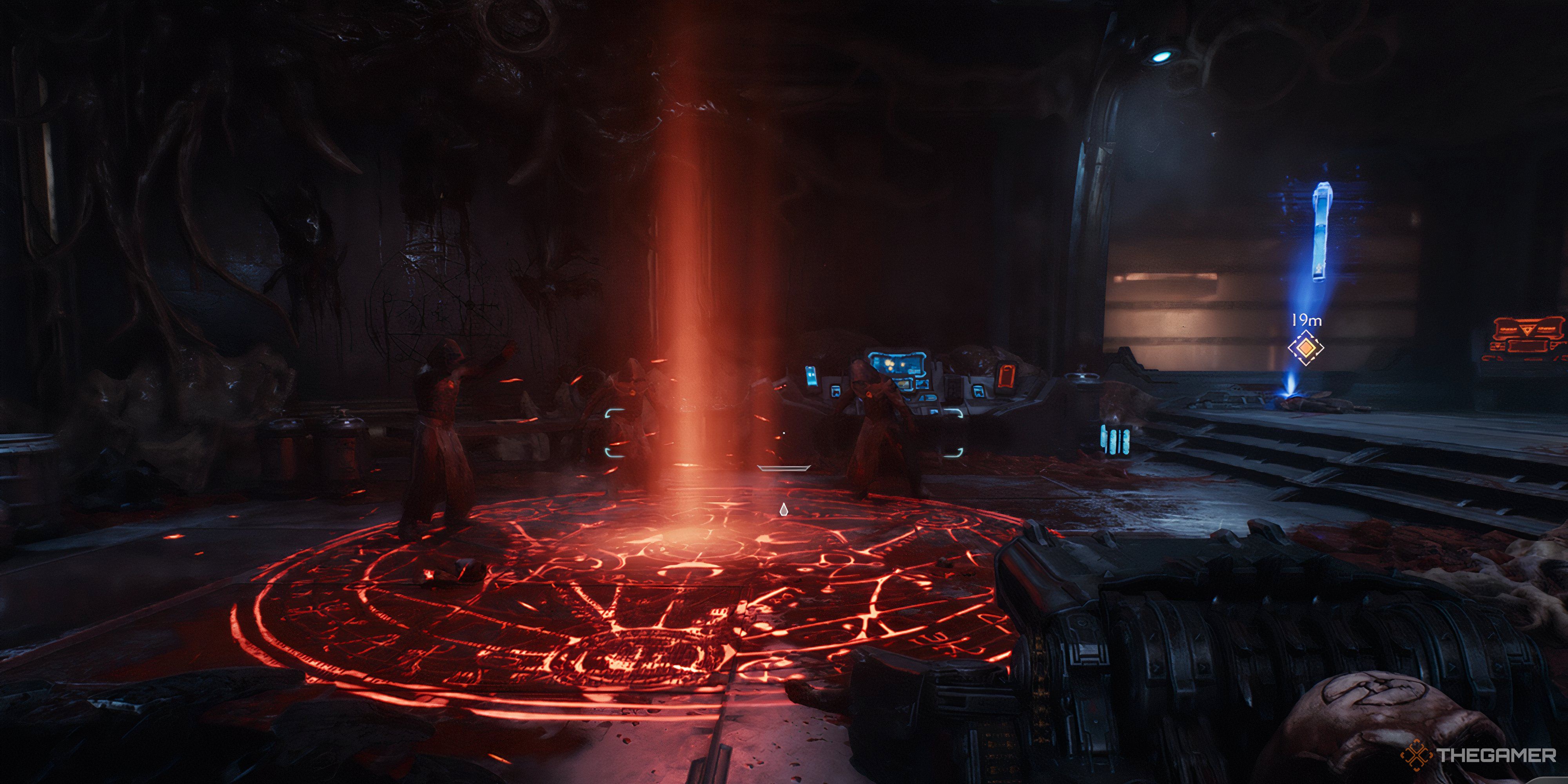 Doom Slayer looking at a few hell priests summoning creatures from red sign from the ground in DOOM: The Dark Ages.