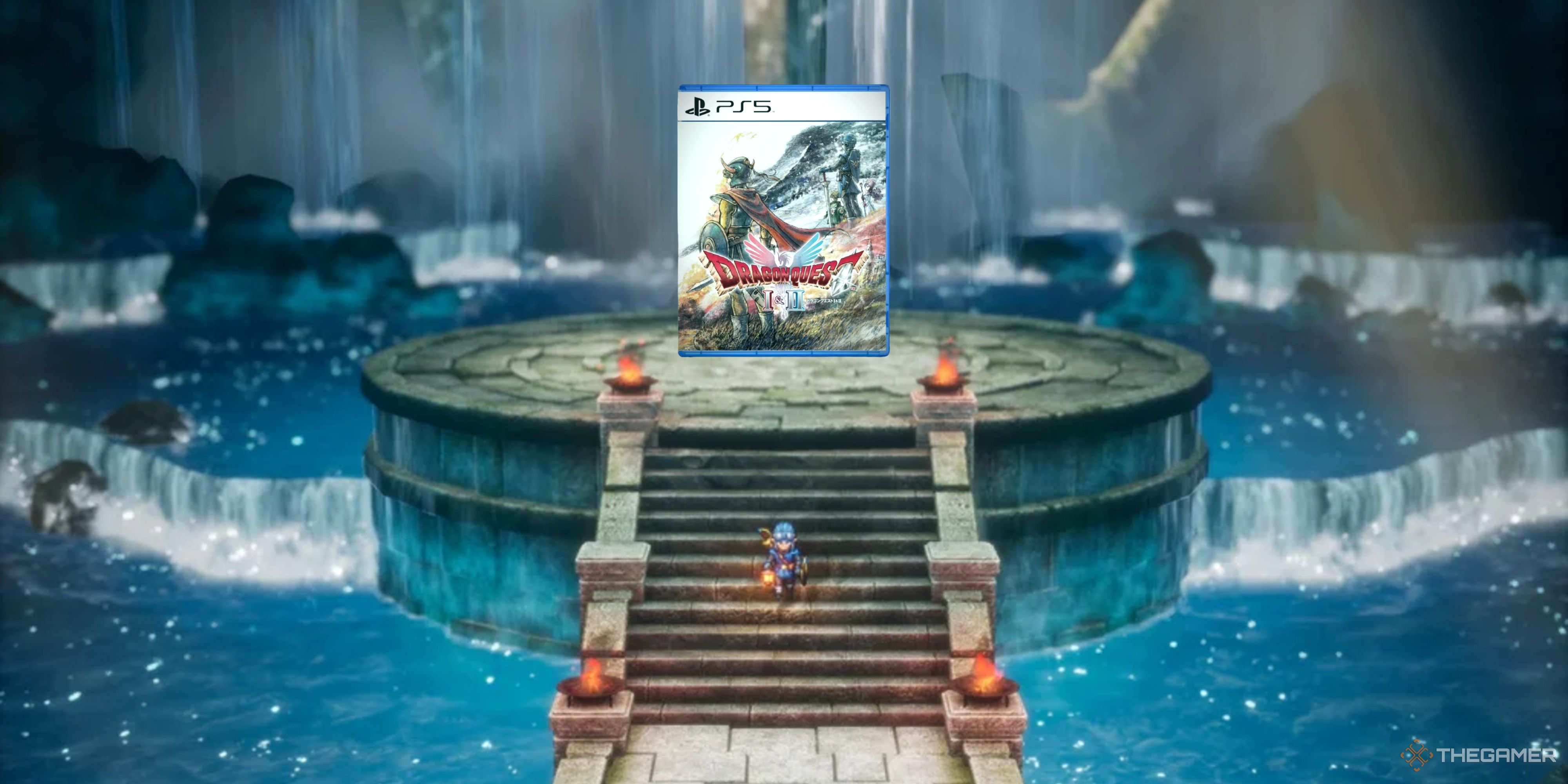 dragon quest character walking away from a ps5 copy of dragon quest 1 and 2 hd-2d remake.