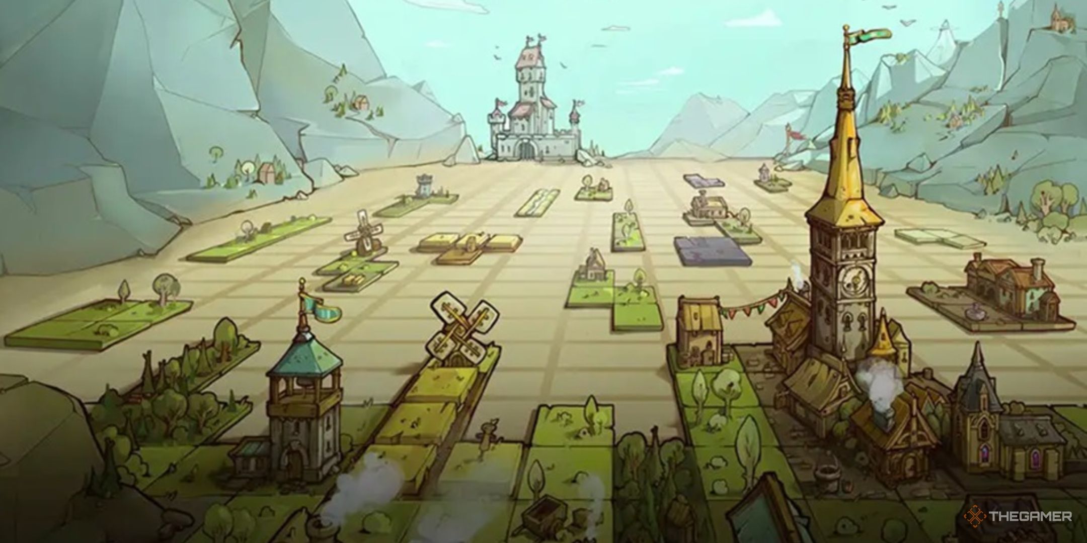 a medieval kingdom on a grid map on the title screen for drop duchy.