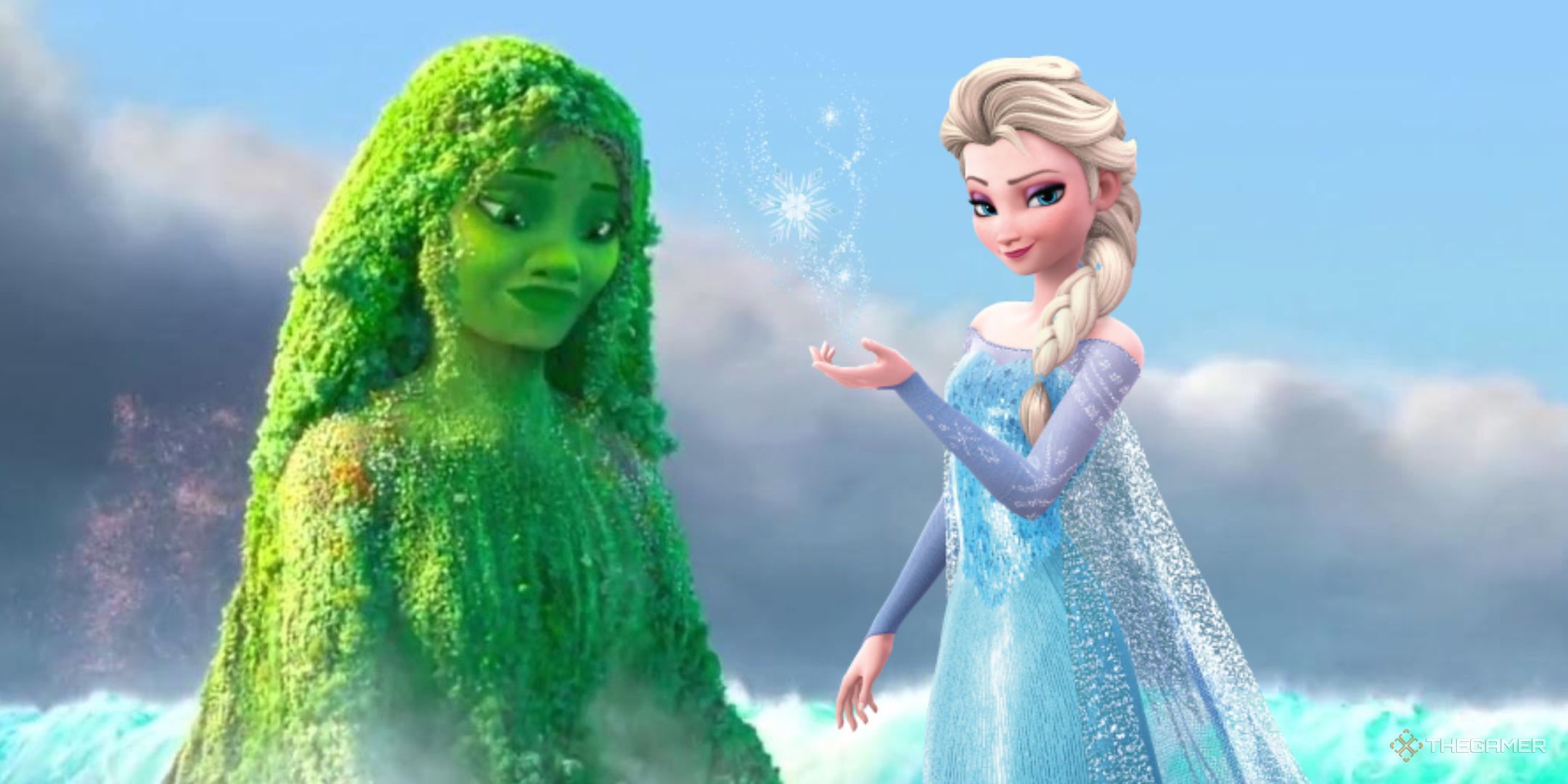 Featured image containing Te Fiti and Elsa with the sky behind them.