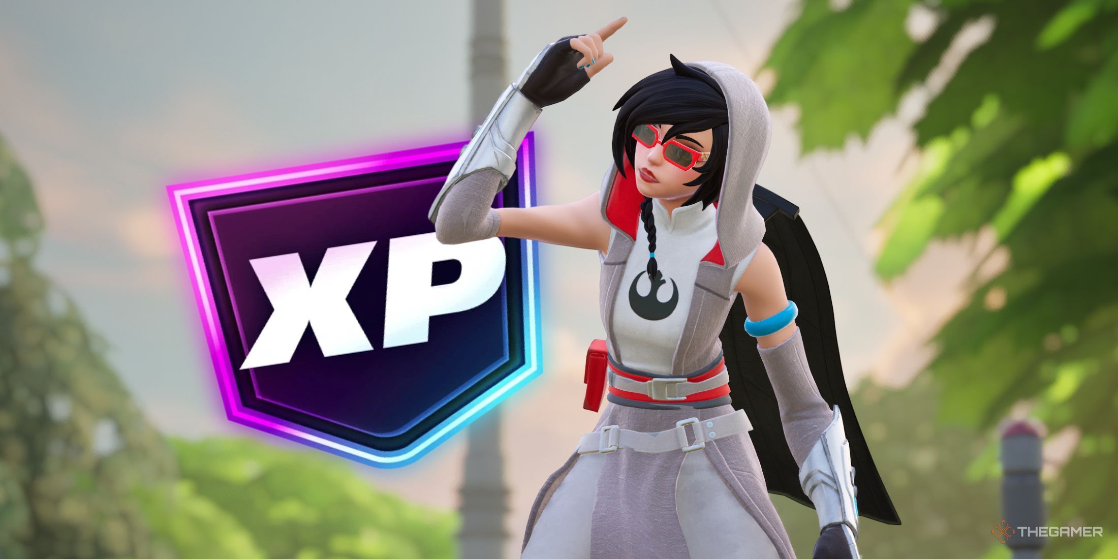 Fortnite character dancing in front of an XP symbol.