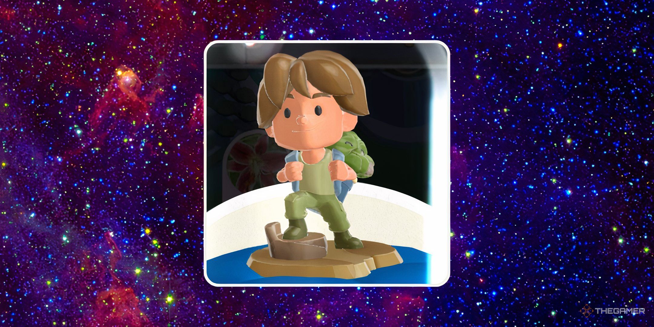 Luke and Yoda board token as the prize for Star Wars Partners in Monopoly Go over a space background.