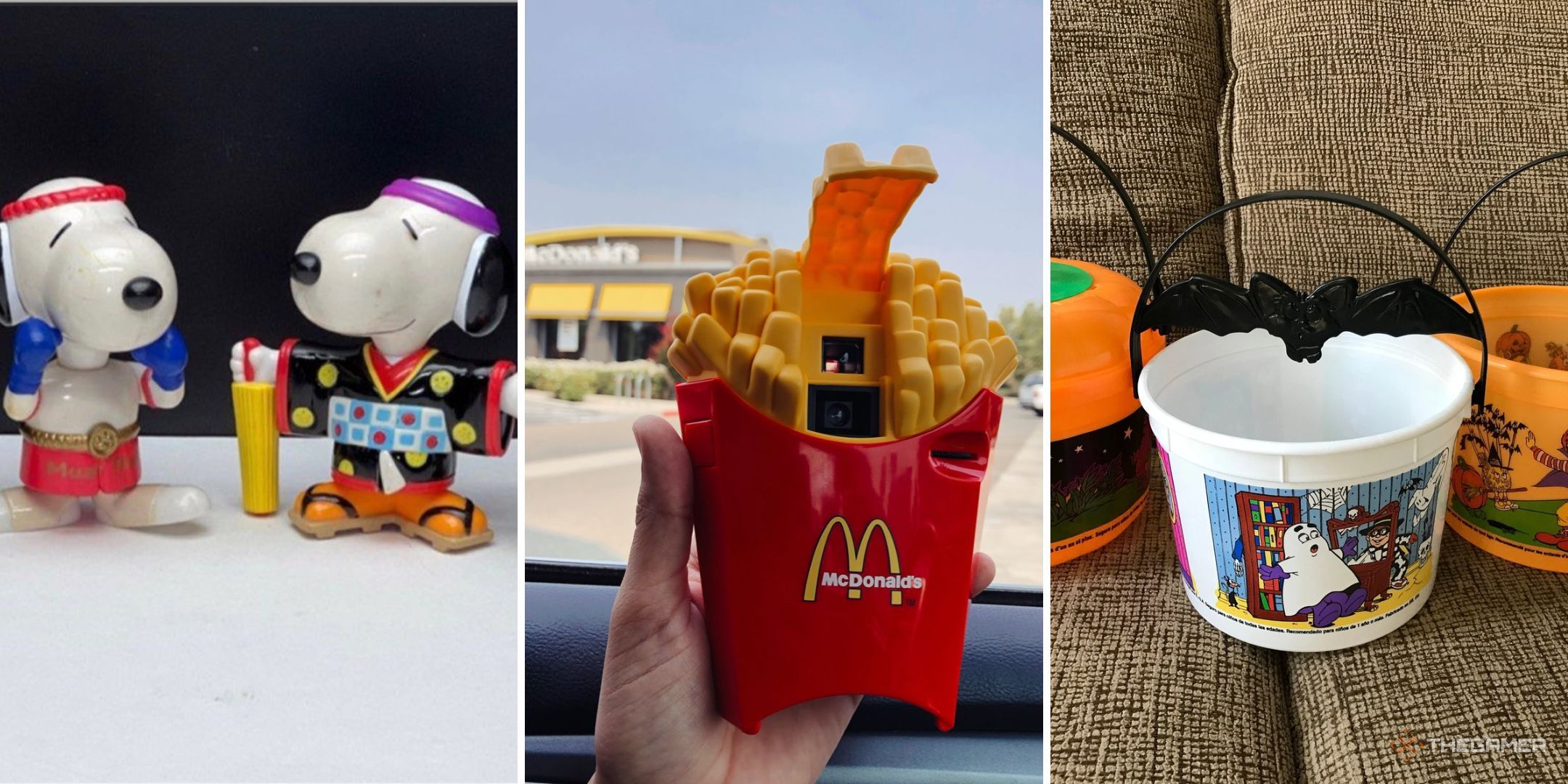 McDonalds toys such as Snoopy in costume, McDonalds fries and a Boo bucket are shown.