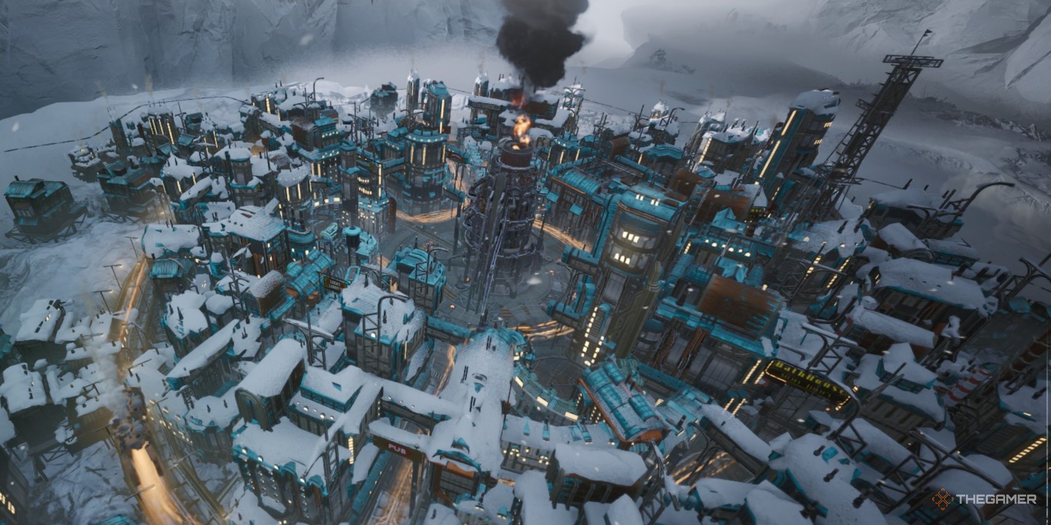 Generator lets out a puff of black smoke above a frozen city in Frostpunk 2.