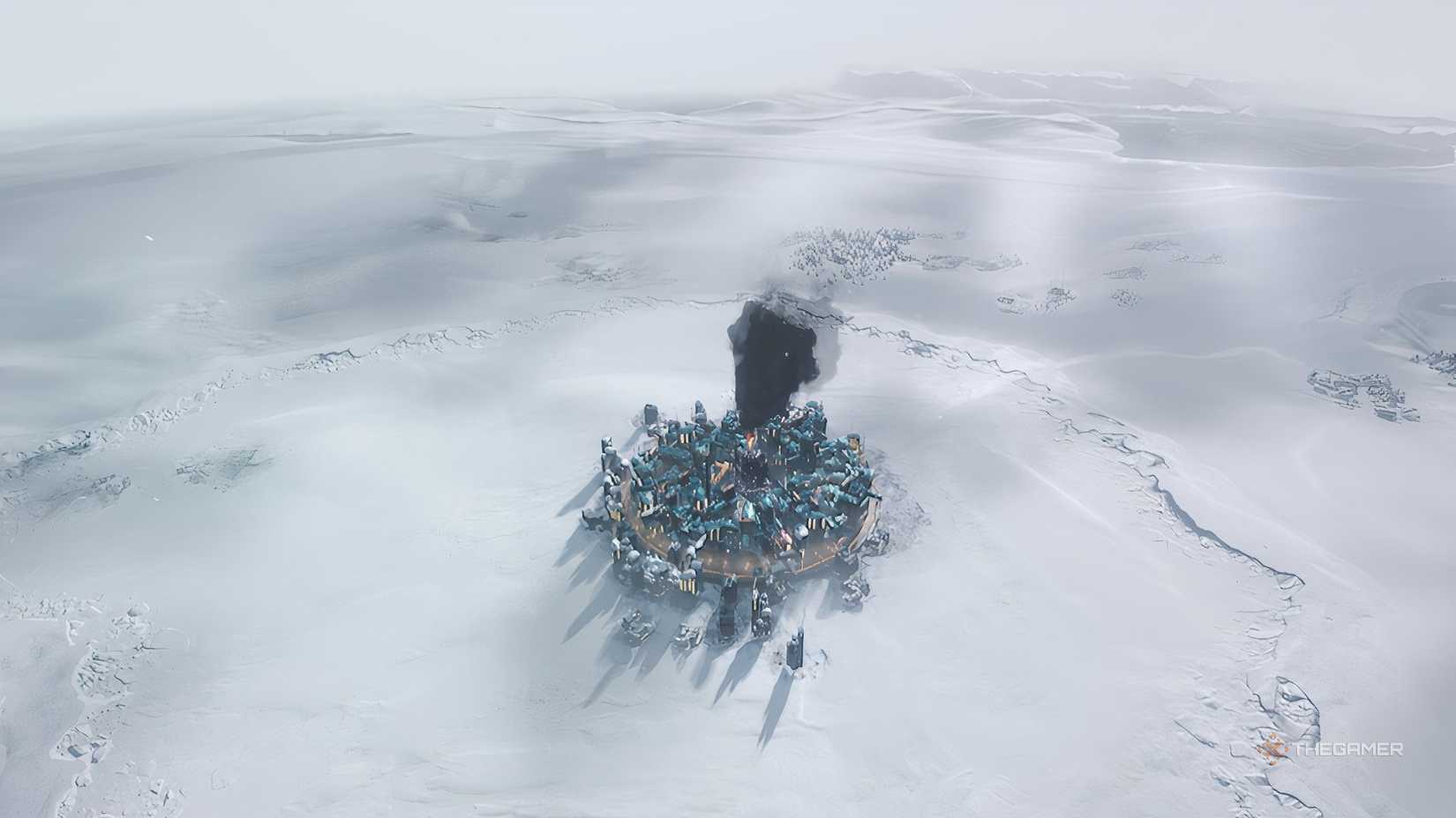 A small town is built in the empty landscape of Horizon in Frostpunk 2.