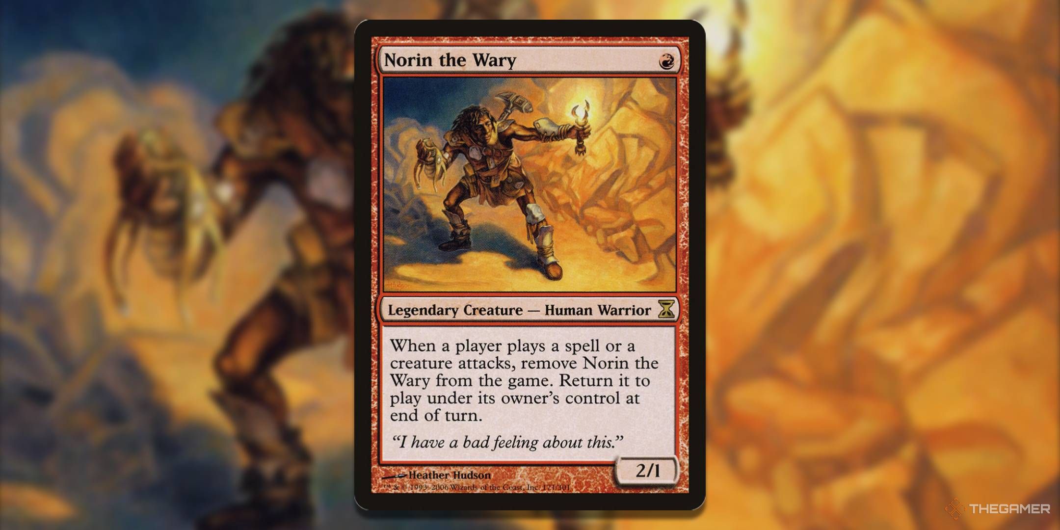 MTG Norin the Wary card with the art in the background.