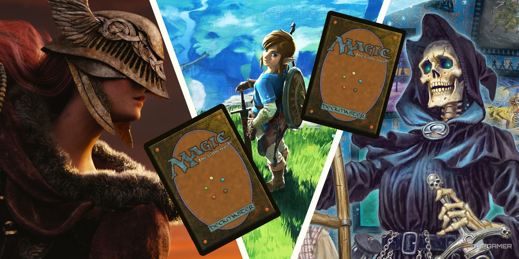 MTG Universes Beyond Crossovers, showing Malenia from Elden Ring, Link from Zelda, and Death from Discworld.