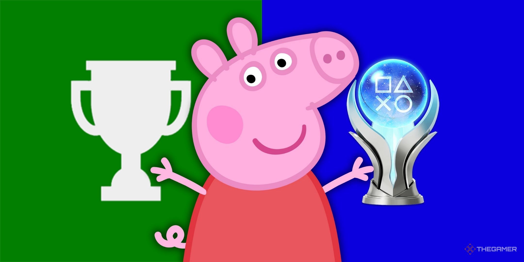 Peppa Pig between the Xbox Achievement and Platinum Trophy logos.